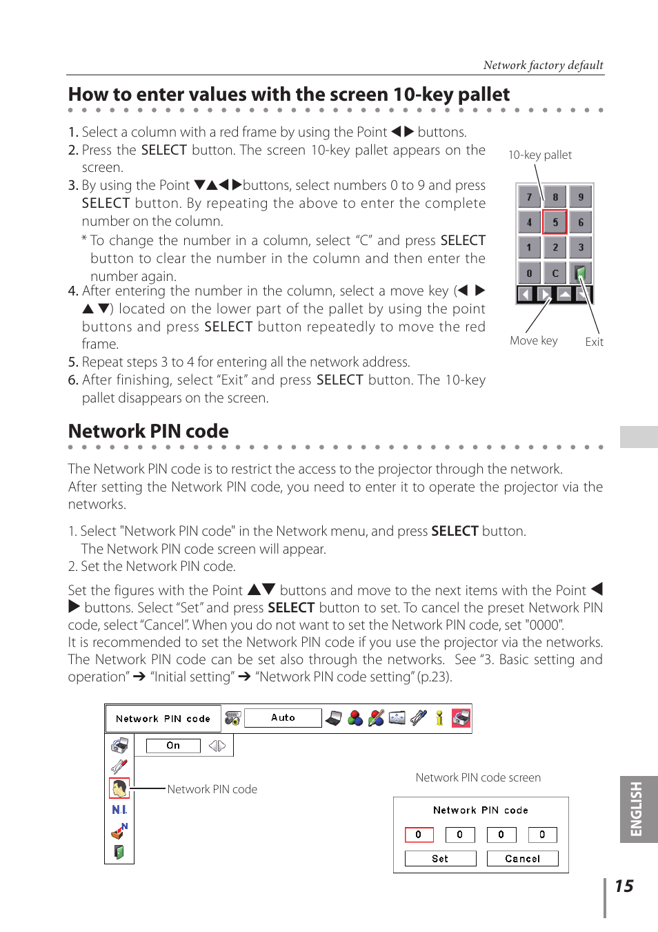 How to enter values with the screen 10-key pallet, Network pin code | Sanyo Proj05 User Manual | Page 15 / 62