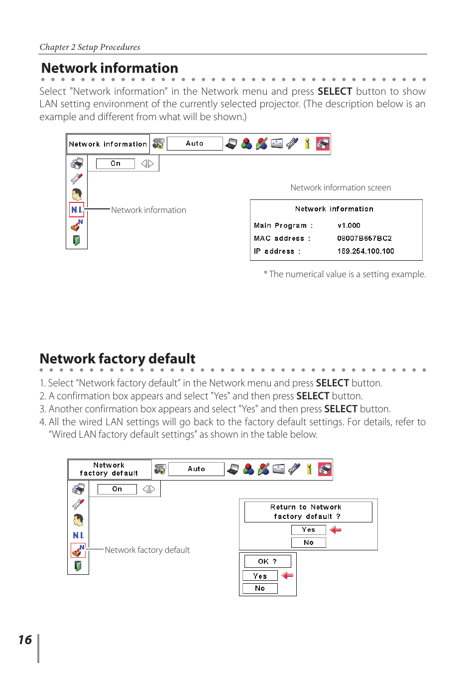 Network information, Network factory default | Sanyo Proj05 User Manual | Page 16 / 62