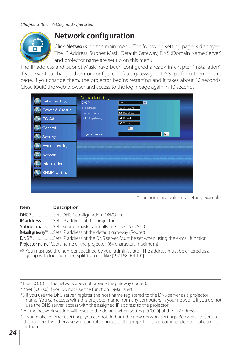 Network configuration | Sanyo Proj05 User Manual | Page 24 / 62