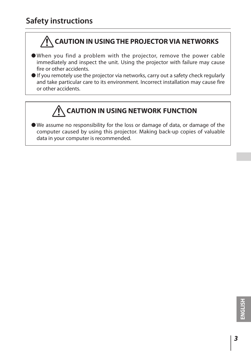 Safety instructions, Caution in using the projector via networks, Caution in using network function | Sanyo Proj05 User Manual | Page 3 / 62