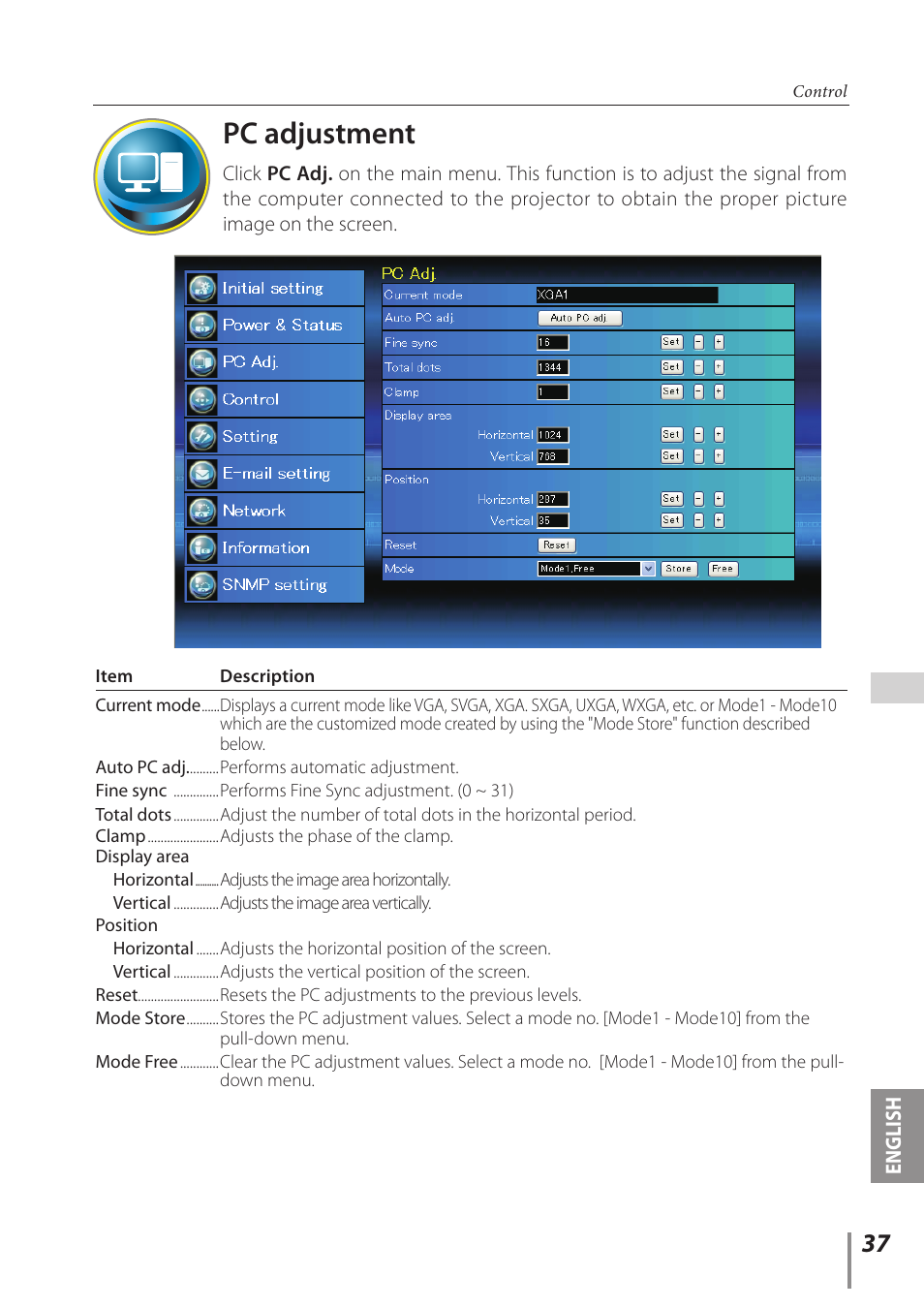 Pc adjustment | Sanyo Proj05 User Manual | Page 37 / 62