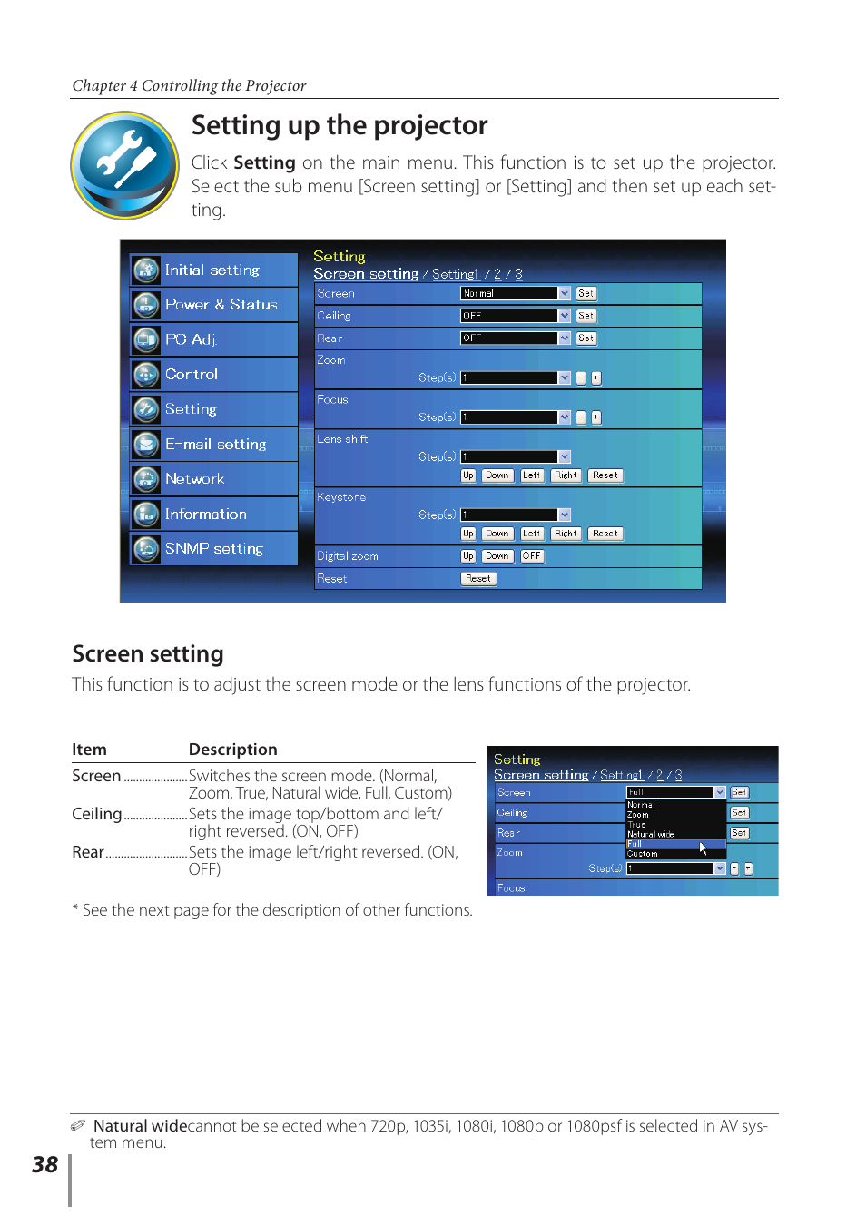 Setting up the projector, Screen setting | Sanyo Proj05 User Manual | Page 38 / 62