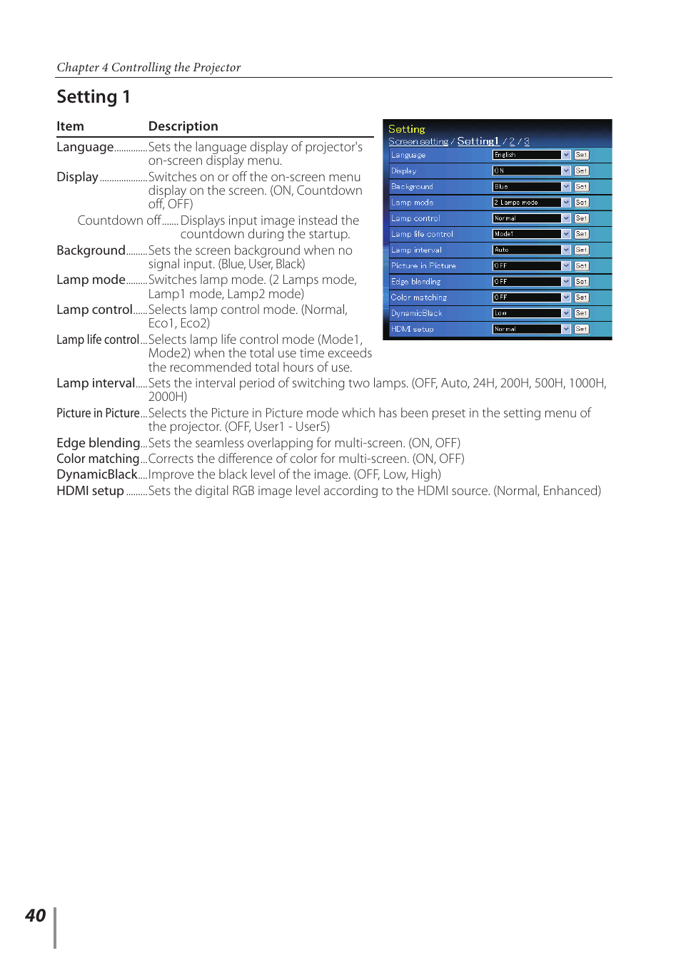 Setting 1 | Sanyo Proj05 User Manual | Page 40 / 62