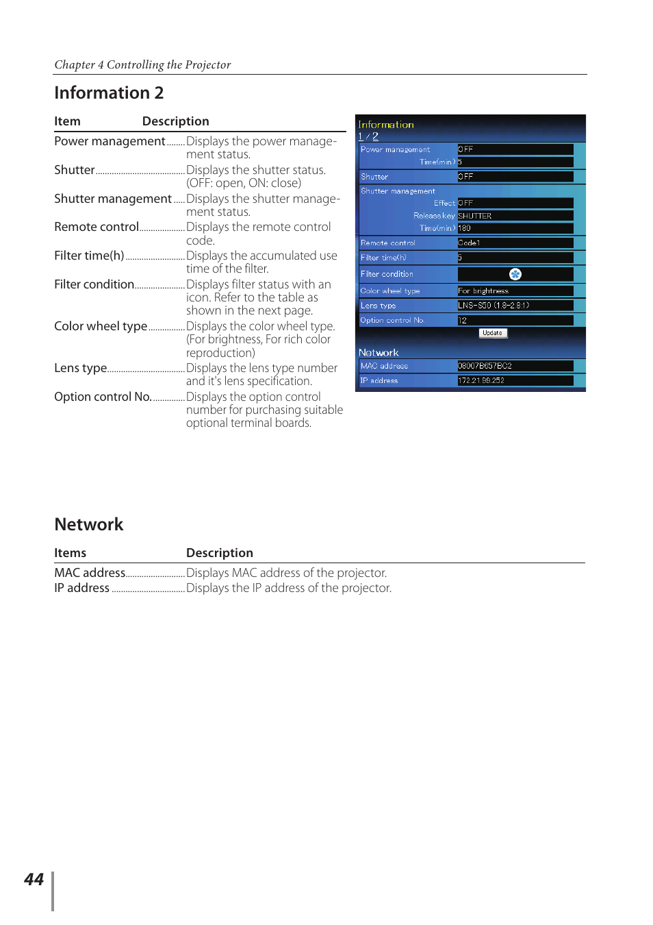 Information 2, Network, Information 2 network | Sanyo Proj05 User Manual | Page 44 / 62