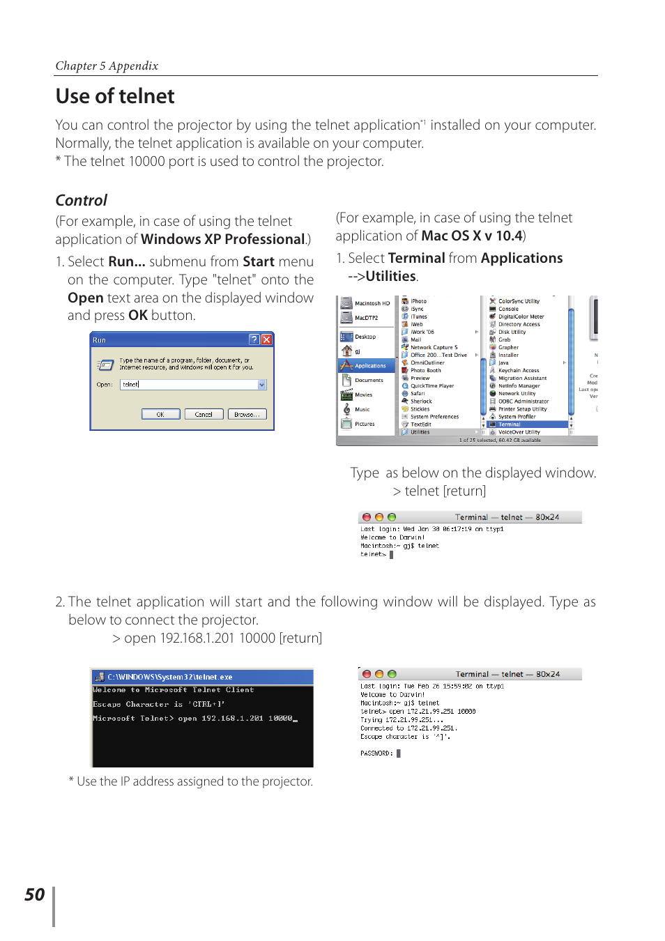 Use of telnet | Sanyo Proj05 User Manual | Page 50 / 62