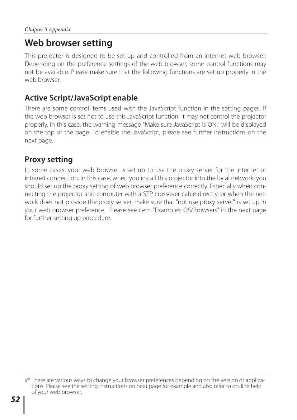 Web browser setting, Active script/javascript enable, Proxy setting | Sanyo Proj05 User Manual | Page 52 / 62