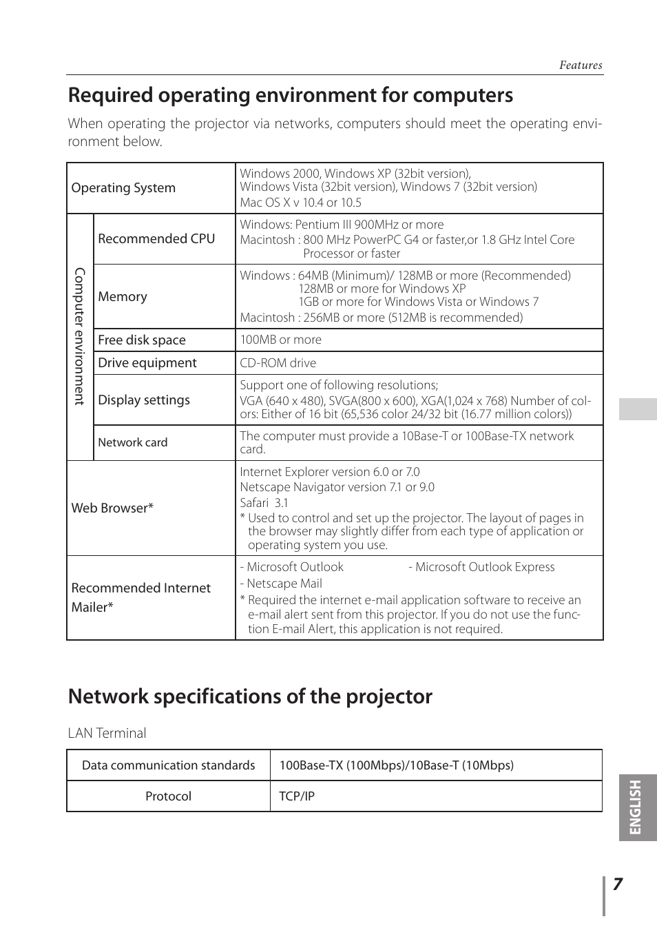 Required operating environment for computers, Network specifications of the projector | Sanyo Proj05 User Manual | Page 7 / 62