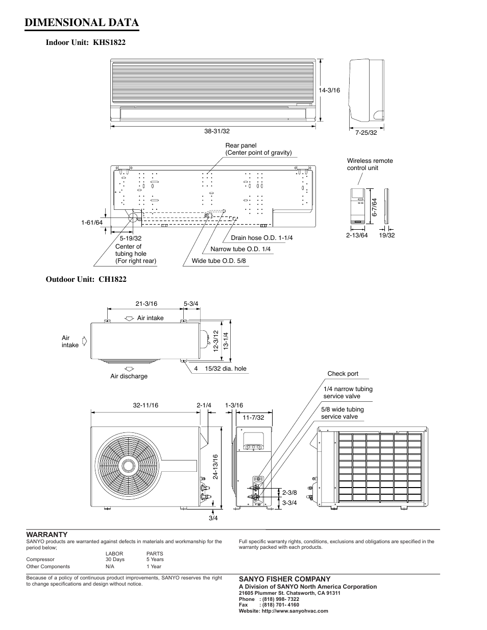 Dimensional data | Sanyo 18KHS22 User Manual | Page 2 / 2