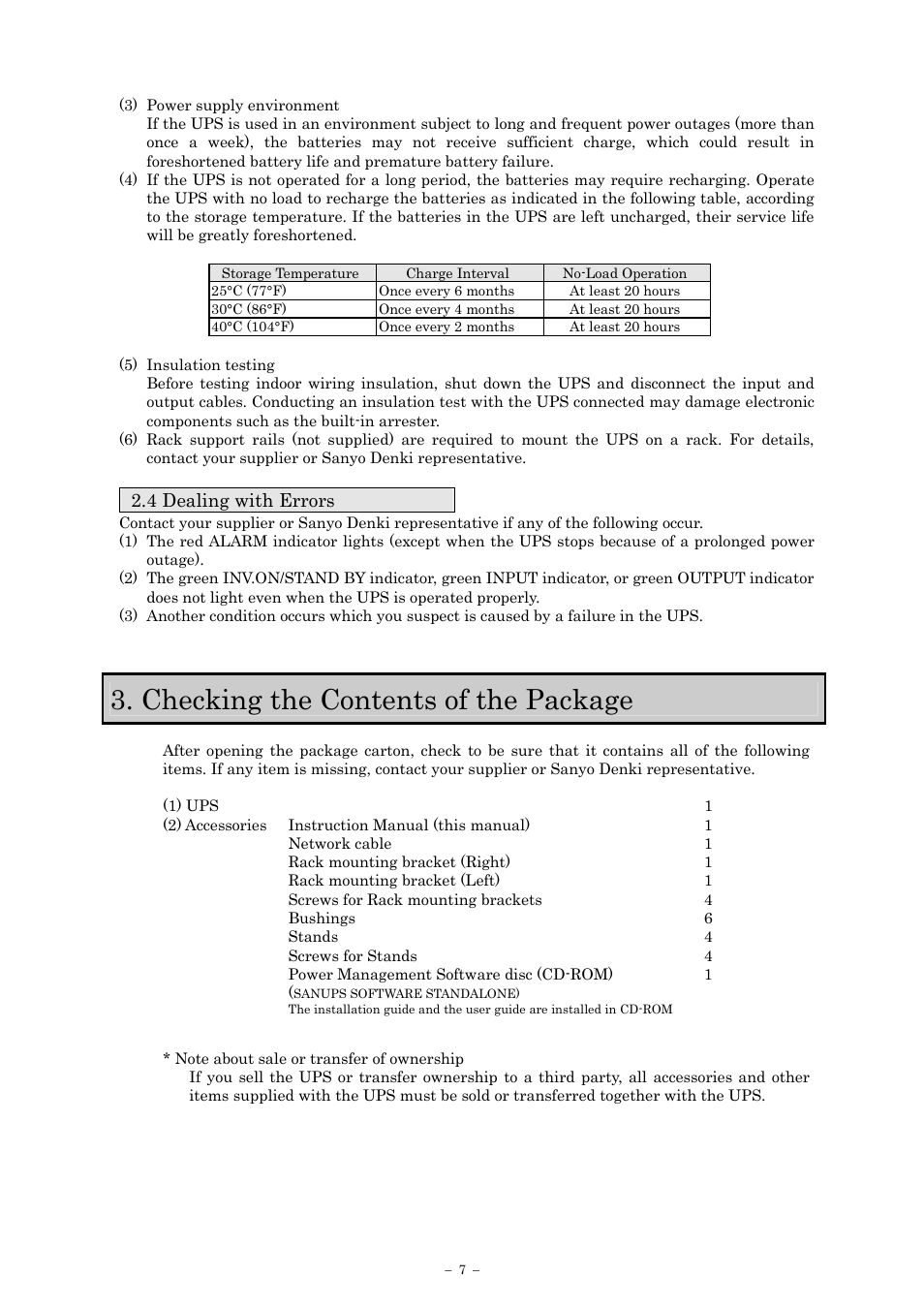 Checking the contents of the package, 4 dealing with errors | Sanyo SANUPS E11A202U User Manual | Page 10 / 47