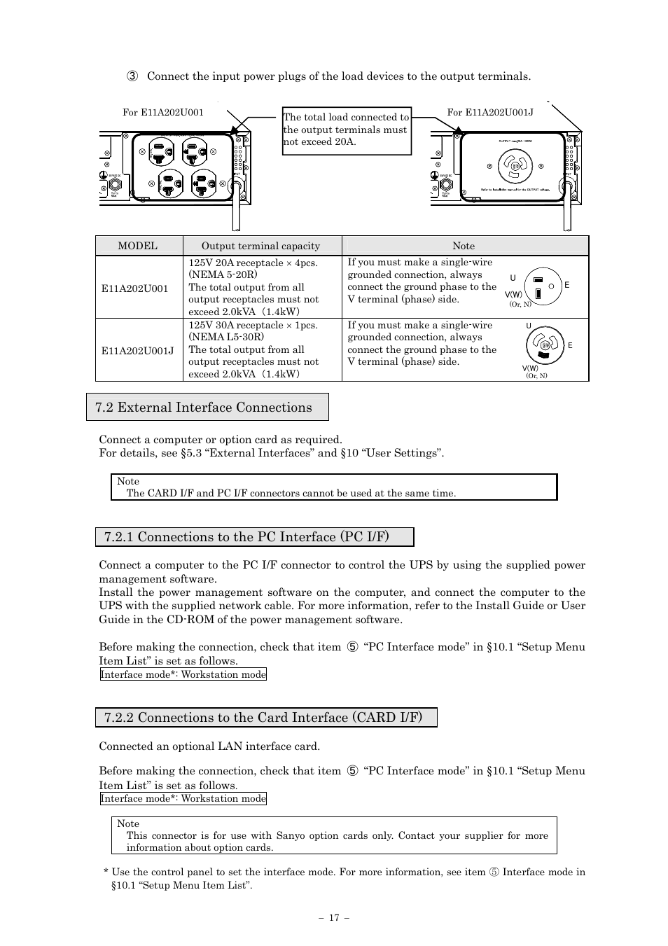 2 external interface connections, 1 connections to the pc interface (pc i/f), 2 connections to the card interface (card i/f) | Sanyo SANUPS E11A202U User Manual | Page 20 / 47