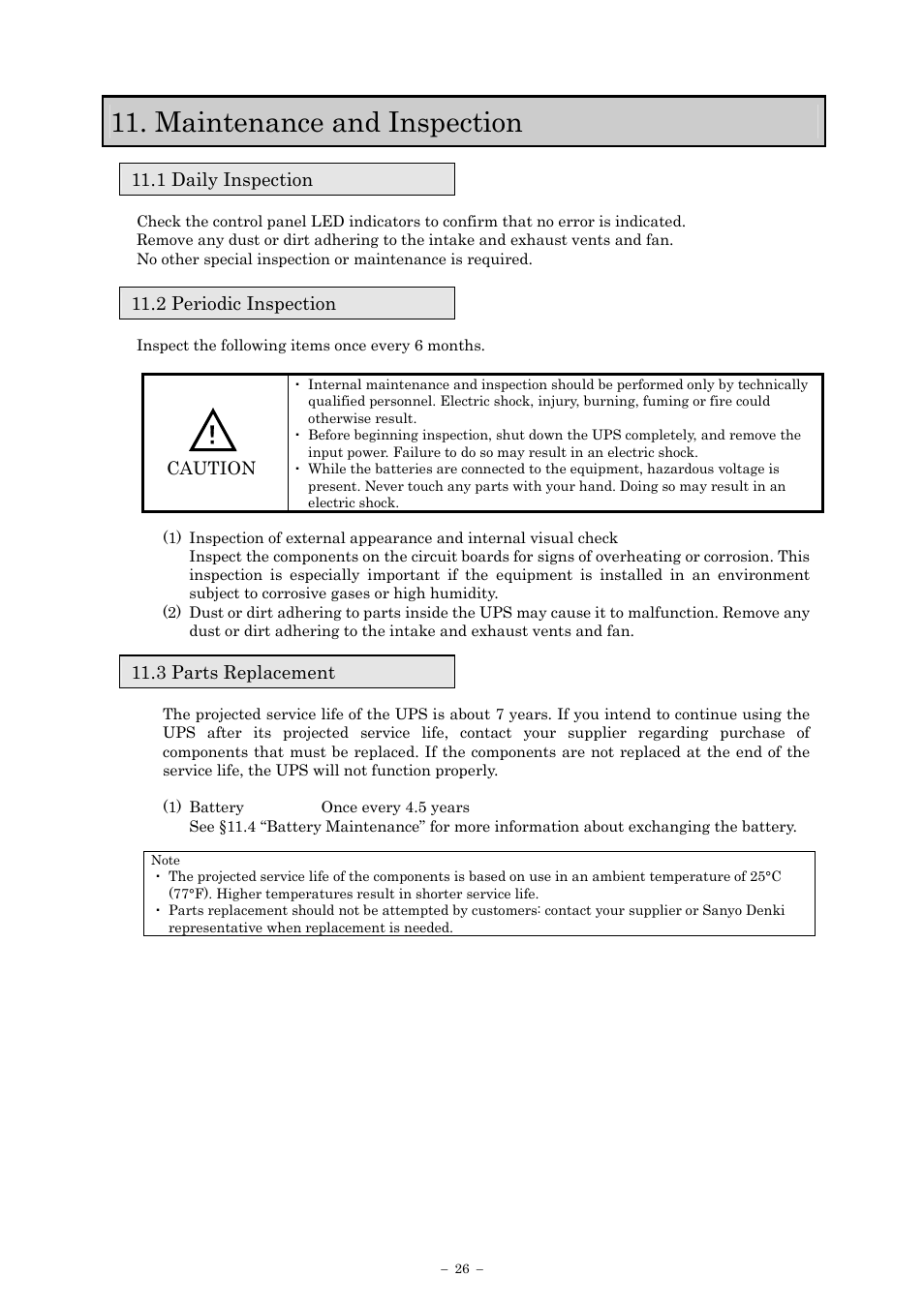 Maintenance and inspection, 1 daily inspection, 2 periodic inspection | 3 parts replacement | Sanyo SANUPS E11A202U User Manual | Page 29 / 47