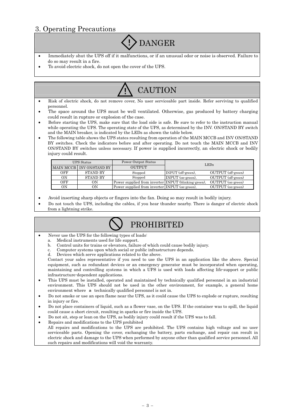 Danger, Caution, Prohibited | Operating precautions | Sanyo SANUPS E11A202U User Manual | Page 6 / 47