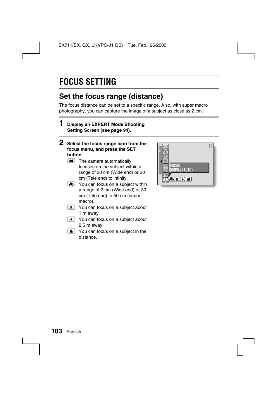 Focus setting, Set the focus range (distance) | Sanyo VPC-J1 User Manual | Page 106 / 202