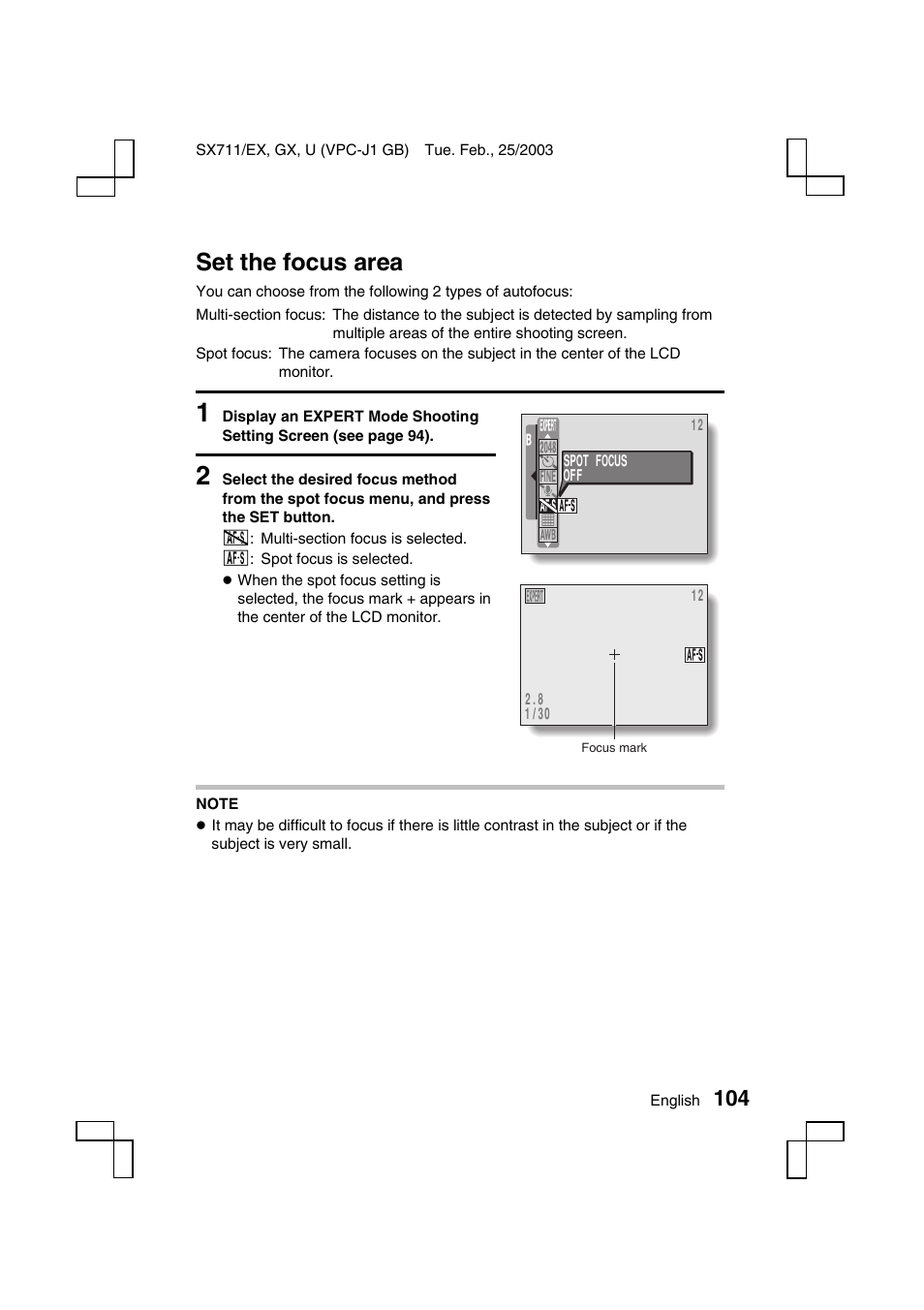 Set the focus area | Sanyo VPC-J1 User Manual | Page 107 / 202