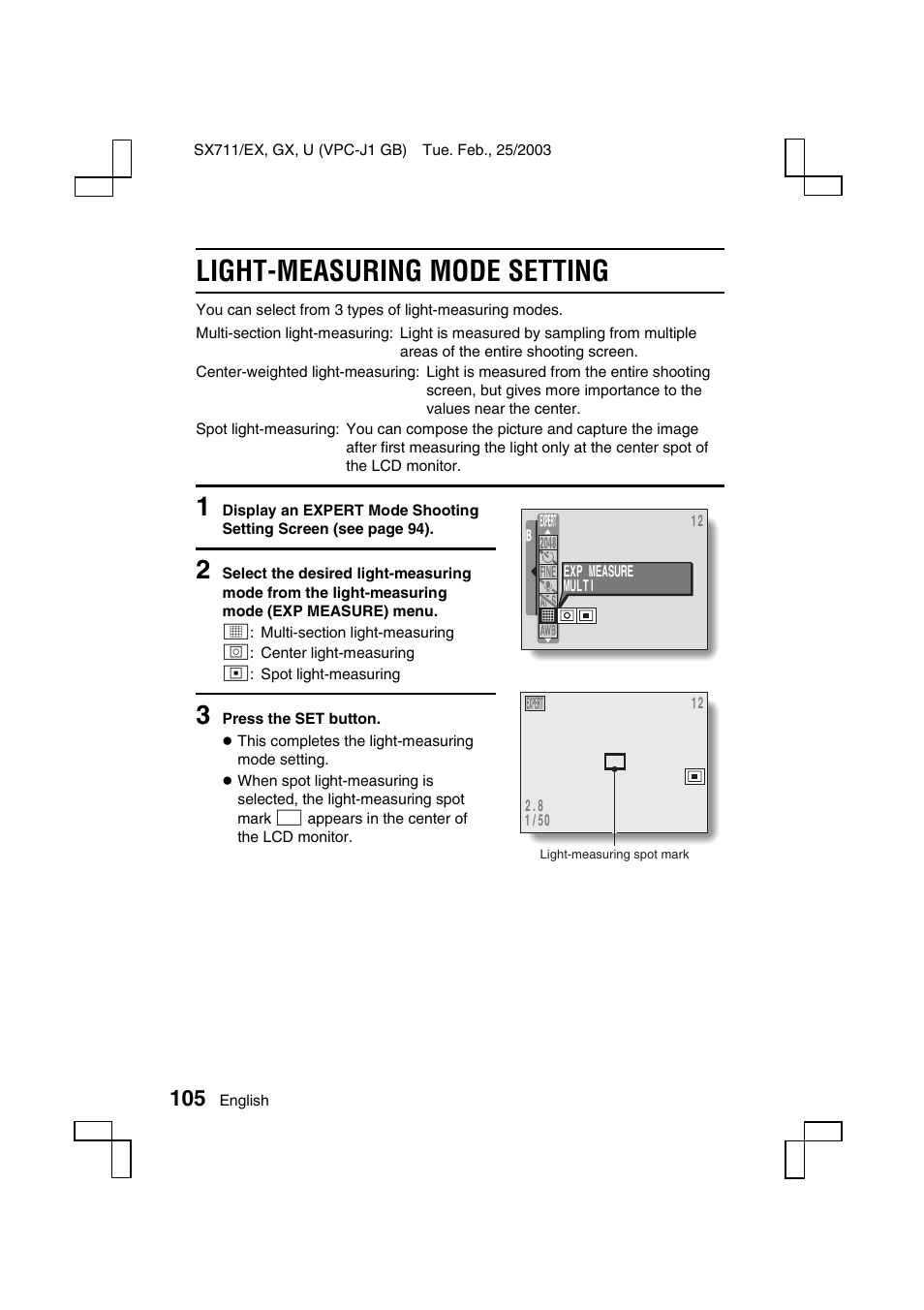 Light-measuring mode setting | Sanyo VPC-J1 User Manual | Page 108 / 202