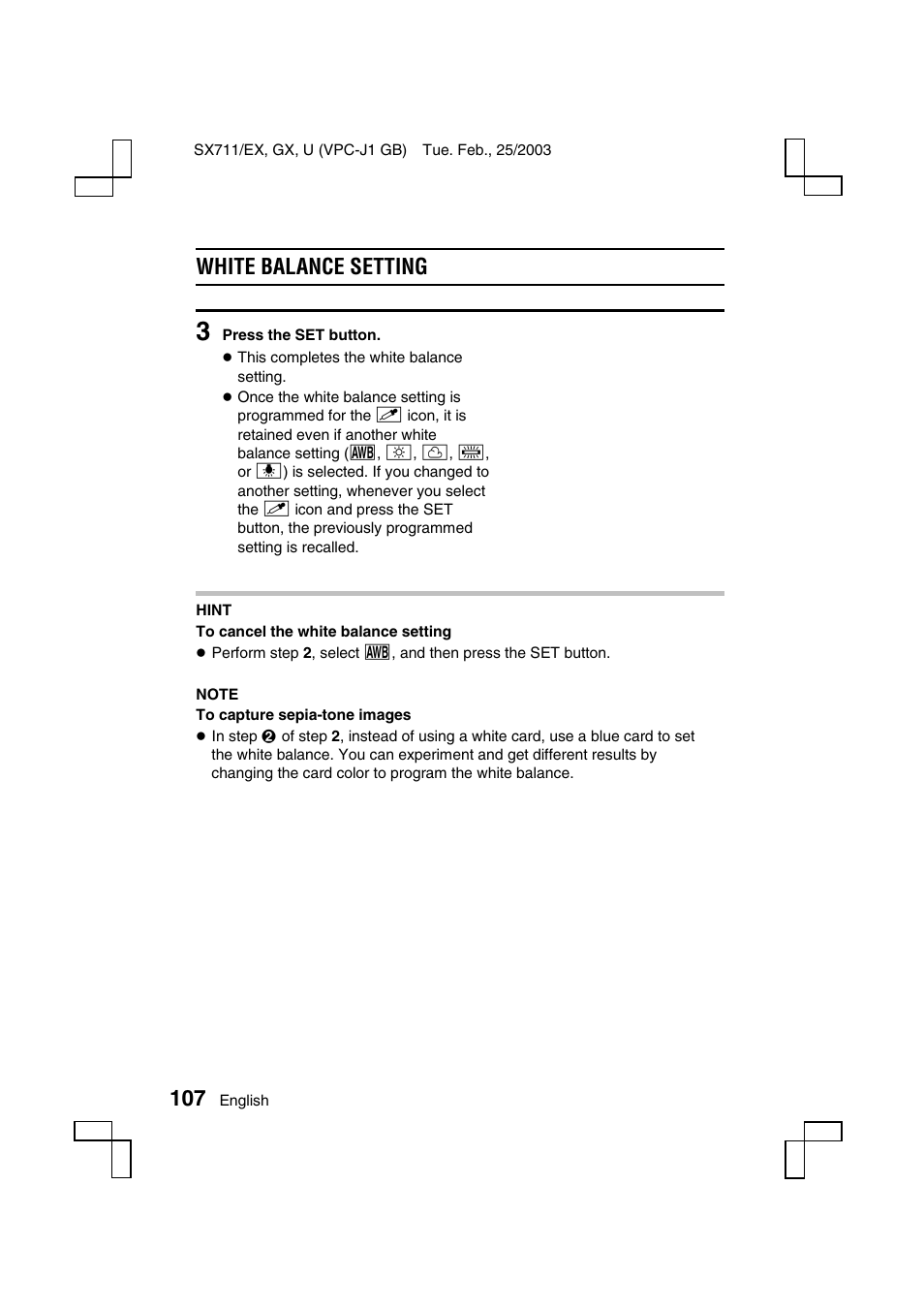 White balance setting | Sanyo VPC-J1 User Manual | Page 110 / 202