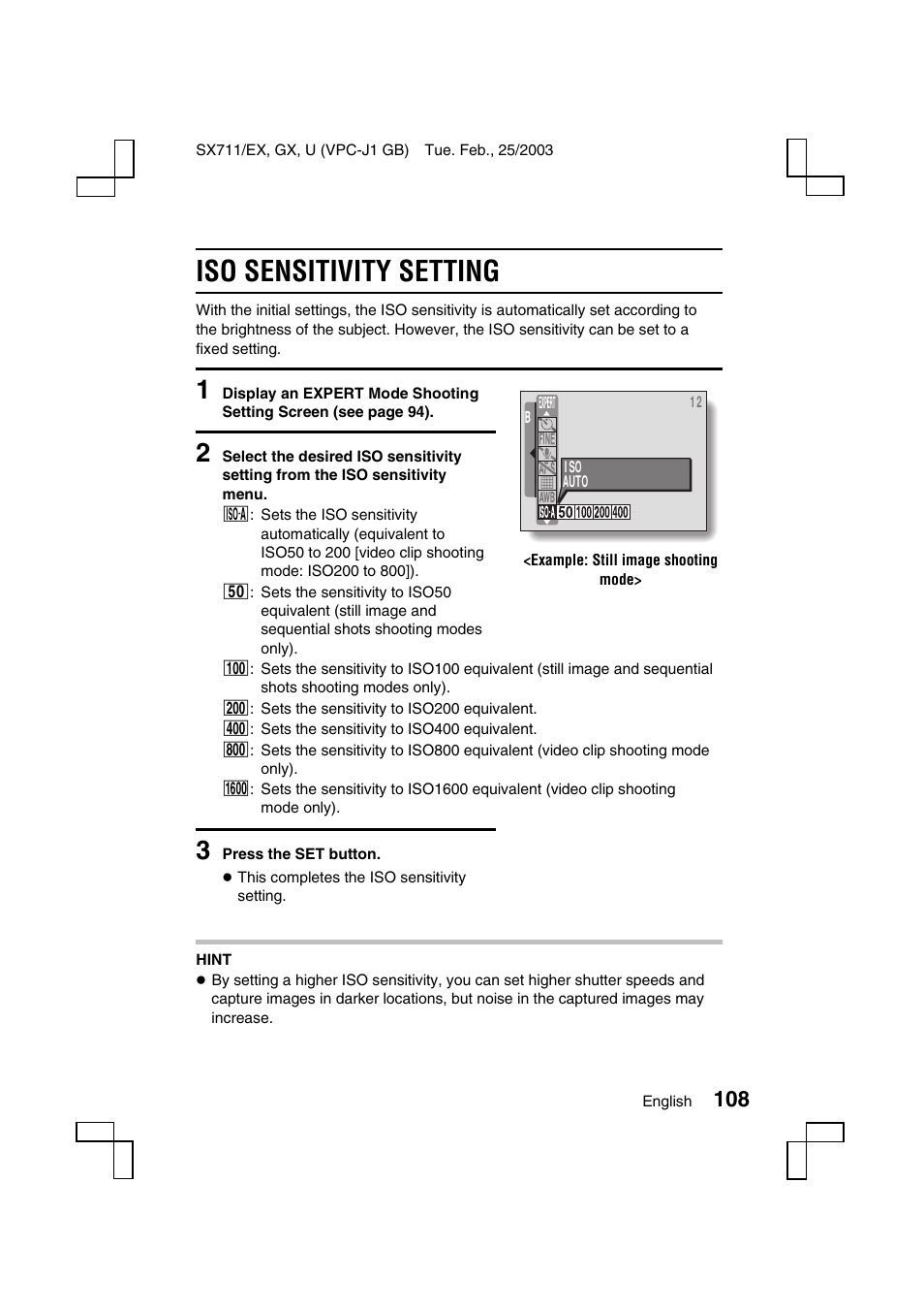 Iso sensitivity setting | Sanyo VPC-J1 User Manual | Page 111 / 202