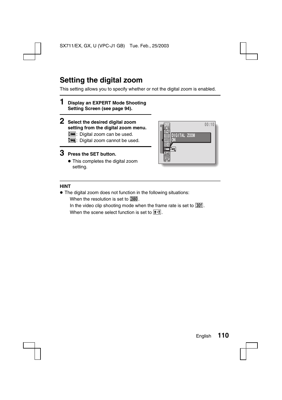 Setting the digital zoom | Sanyo VPC-J1 User Manual | Page 113 / 202