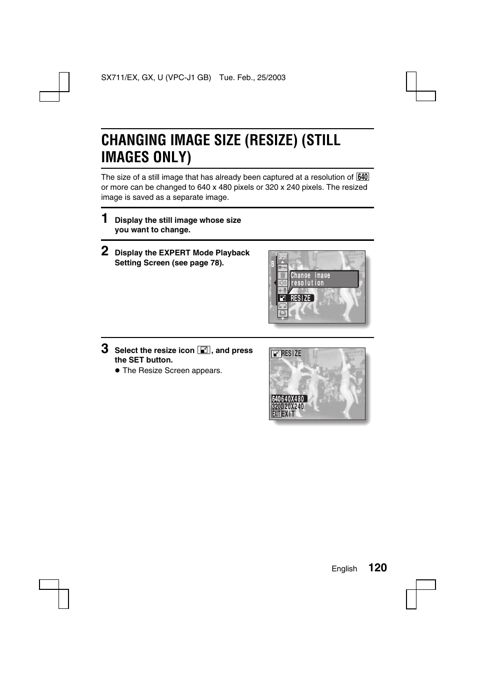 Changing image size (resize) (still images only) | Sanyo VPC-J1 User Manual | Page 123 / 202