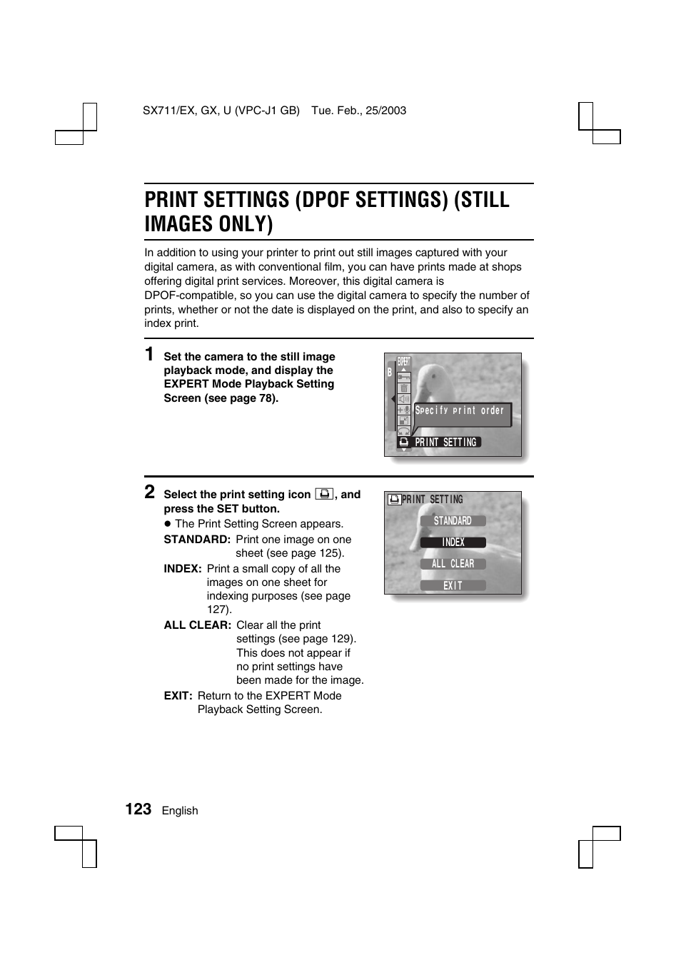 Print settings (dpof settings) (still images only) | Sanyo VPC-J1 User Manual | Page 126 / 202