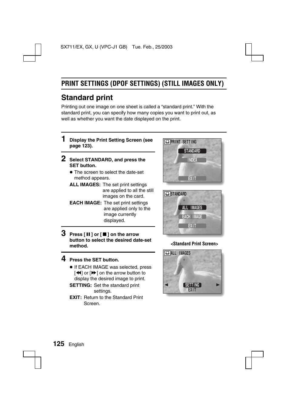 Standard print, Print settings (dpof settings) (still images only) | Sanyo VPC-J1 User Manual | Page 128 / 202