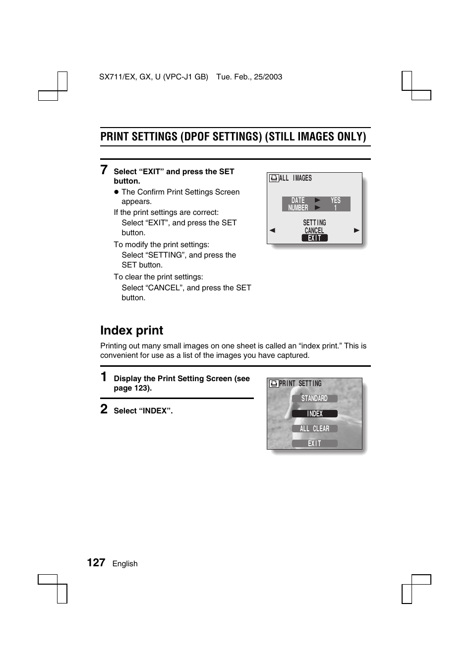 Index print, Print settings (dpof settings) (still images only) | Sanyo VPC-J1 User Manual | Page 130 / 202