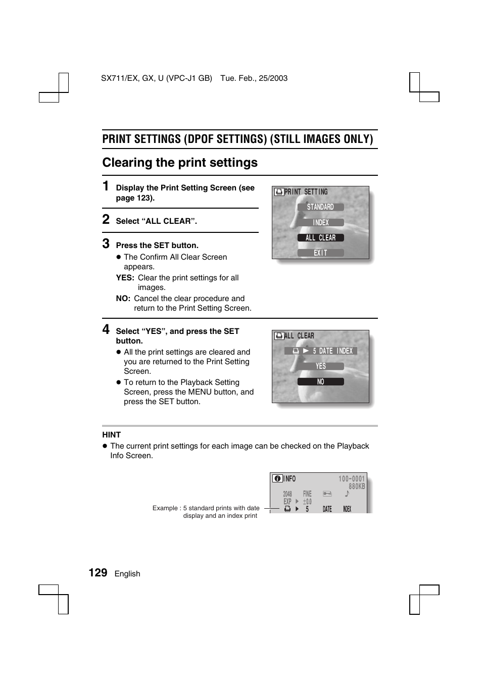 Clearing the print settings, Print settings (dpof settings) (still images only) | Sanyo VPC-J1 User Manual | Page 132 / 202