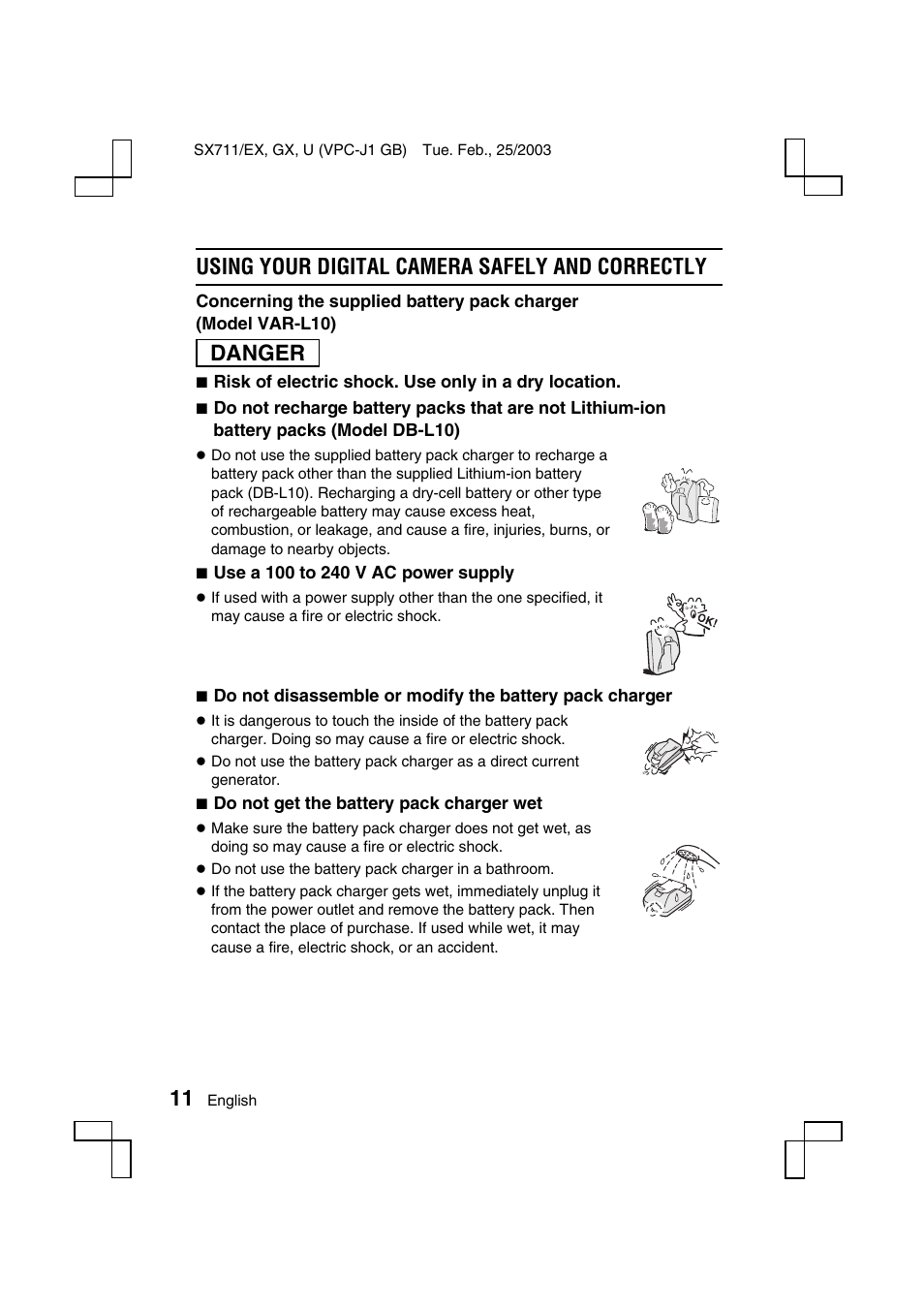 Using your digital camera safely and correctly, Danger | Sanyo VPC-J1 User Manual | Page 14 / 202