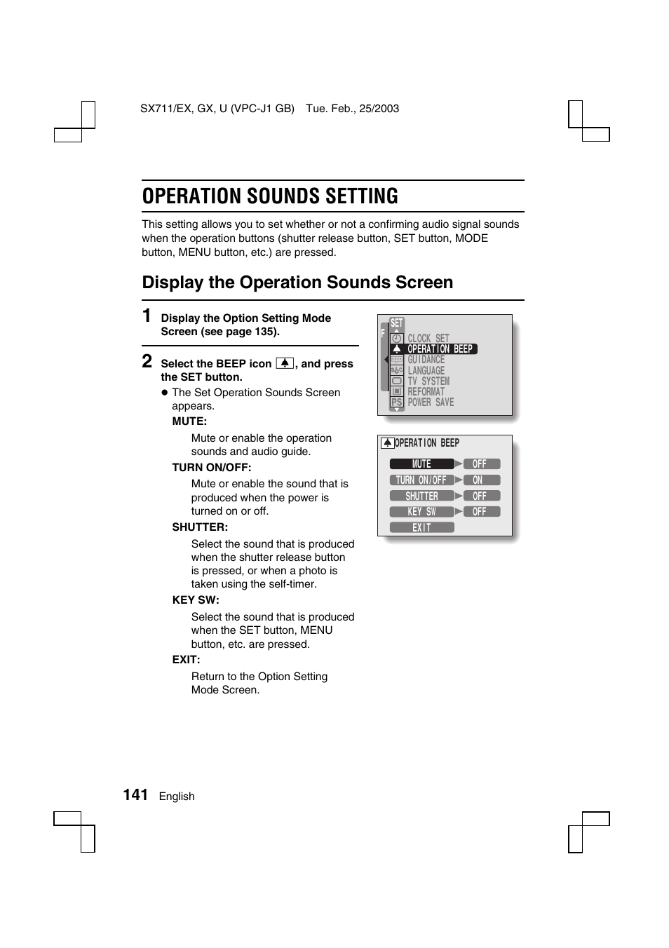 Operation sounds setting, Display the operation sounds screen | Sanyo VPC-J1 User Manual | Page 144 / 202