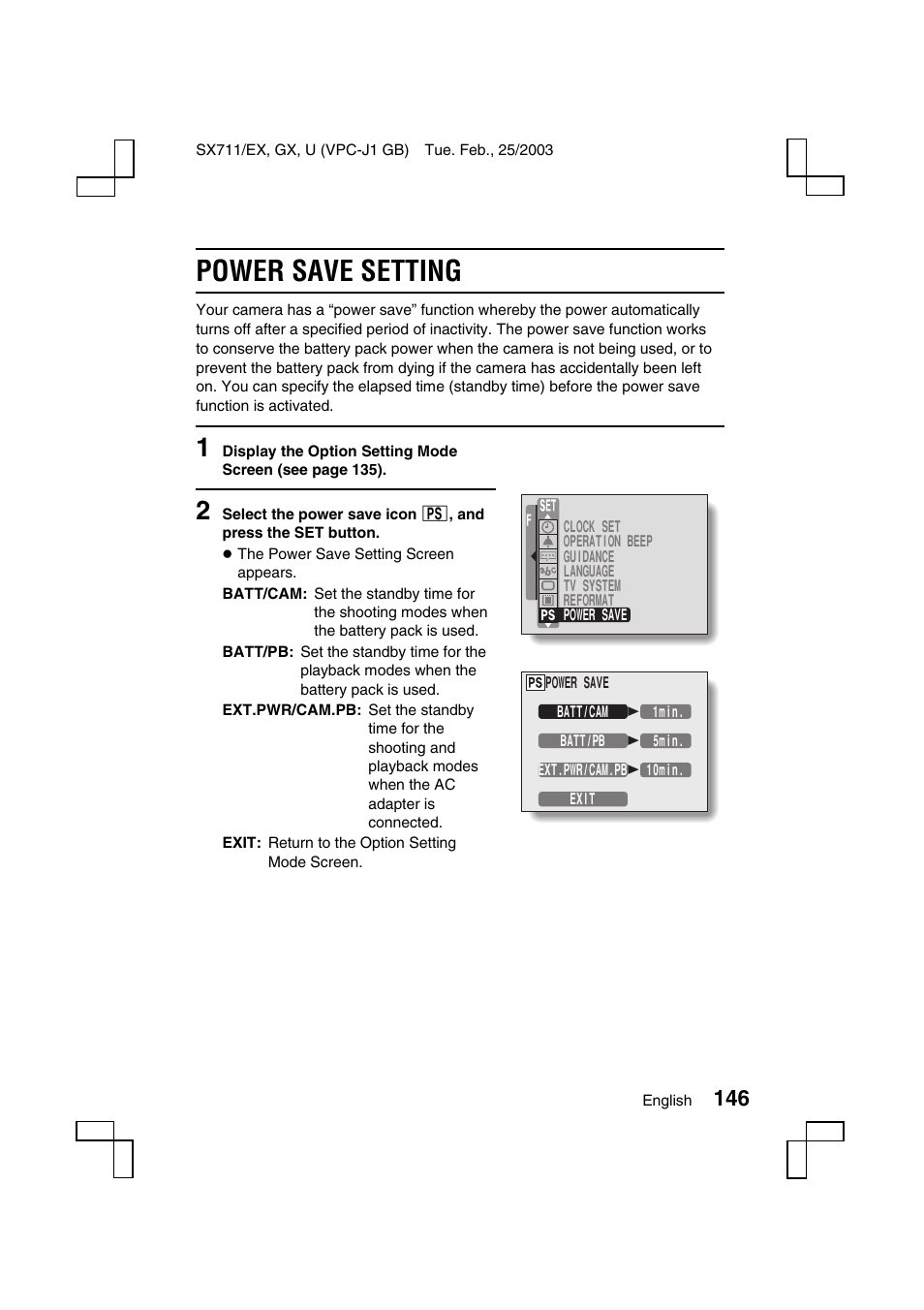 Power save setting | Sanyo VPC-J1 User Manual | Page 149 / 202