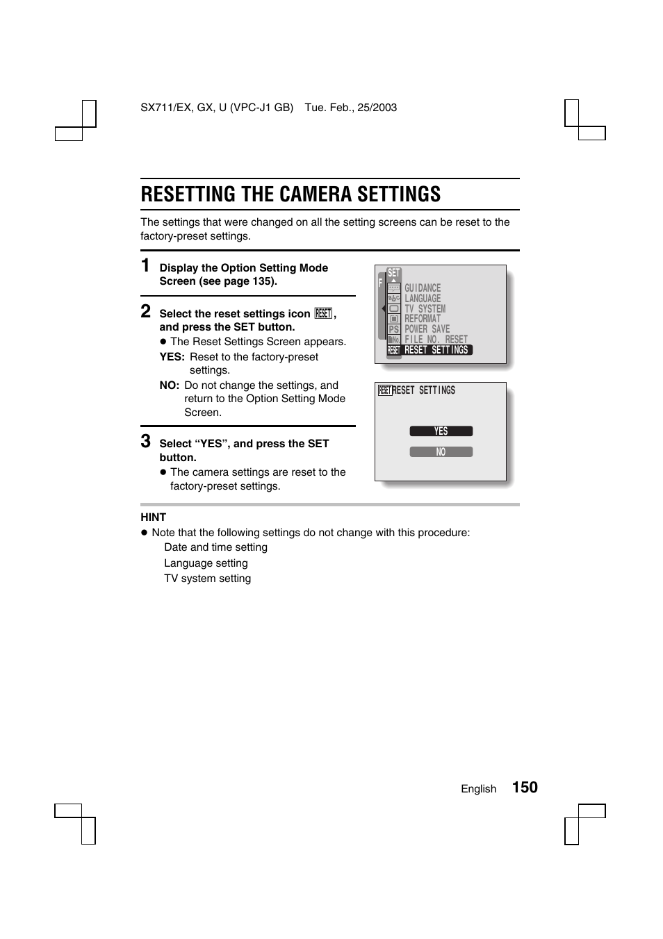 Resetting the camera settings | Sanyo VPC-J1 User Manual | Page 153 / 202