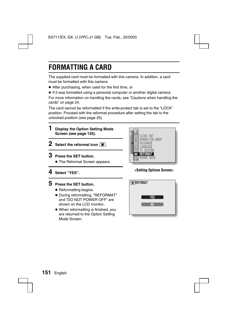 Formatting a card | Sanyo VPC-J1 User Manual | Page 154 / 202