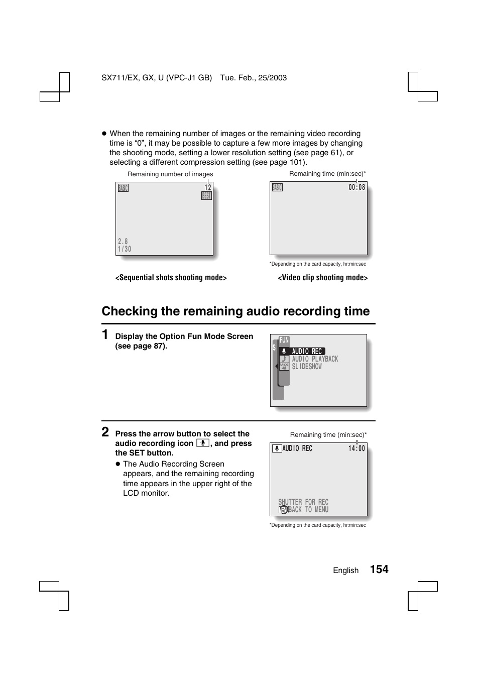 Checking the remaining audio recording time | Sanyo VPC-J1 User Manual | Page 157 / 202