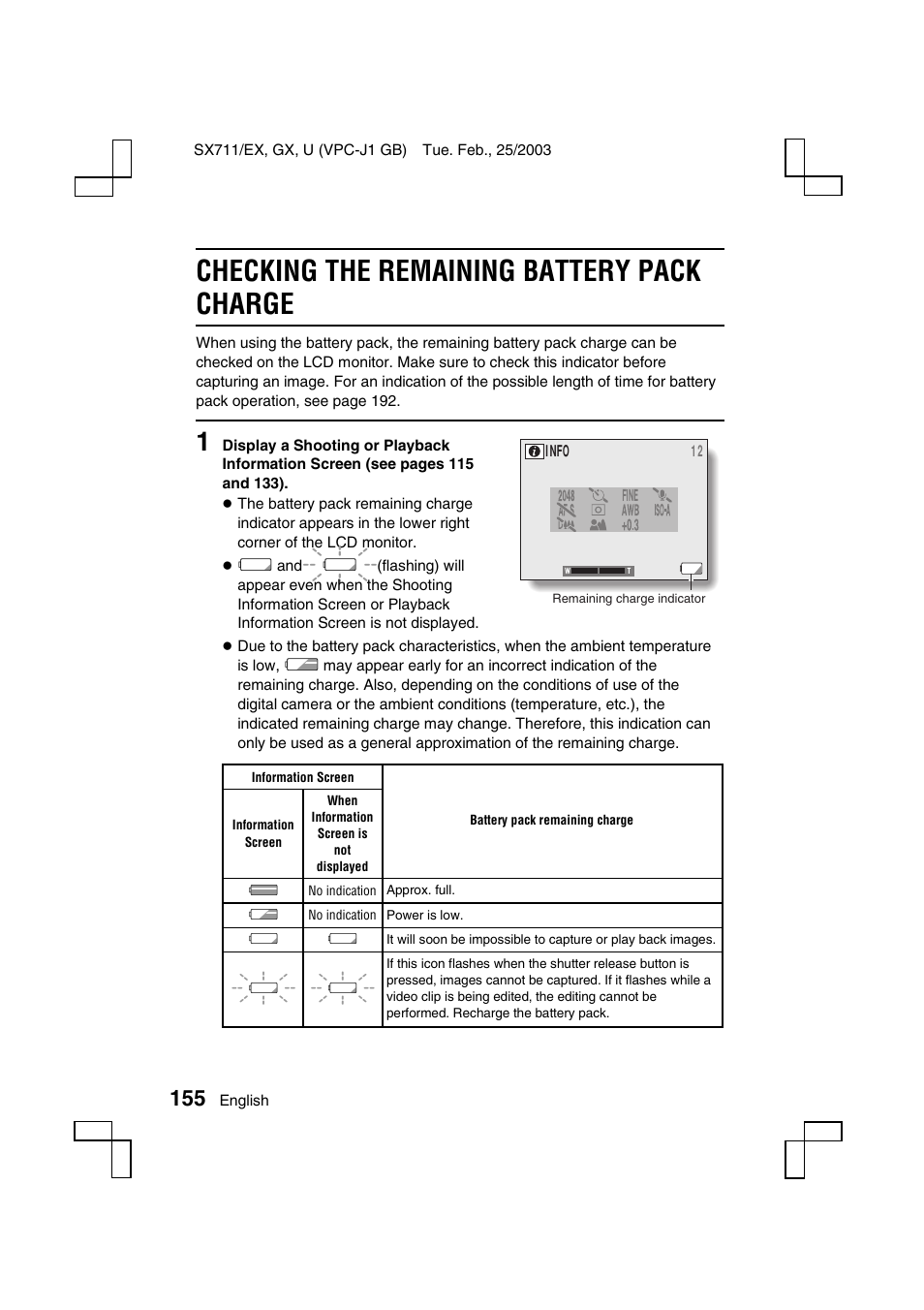 Checking the remaining battery pack charge | Sanyo VPC-J1 User Manual | Page 158 / 202