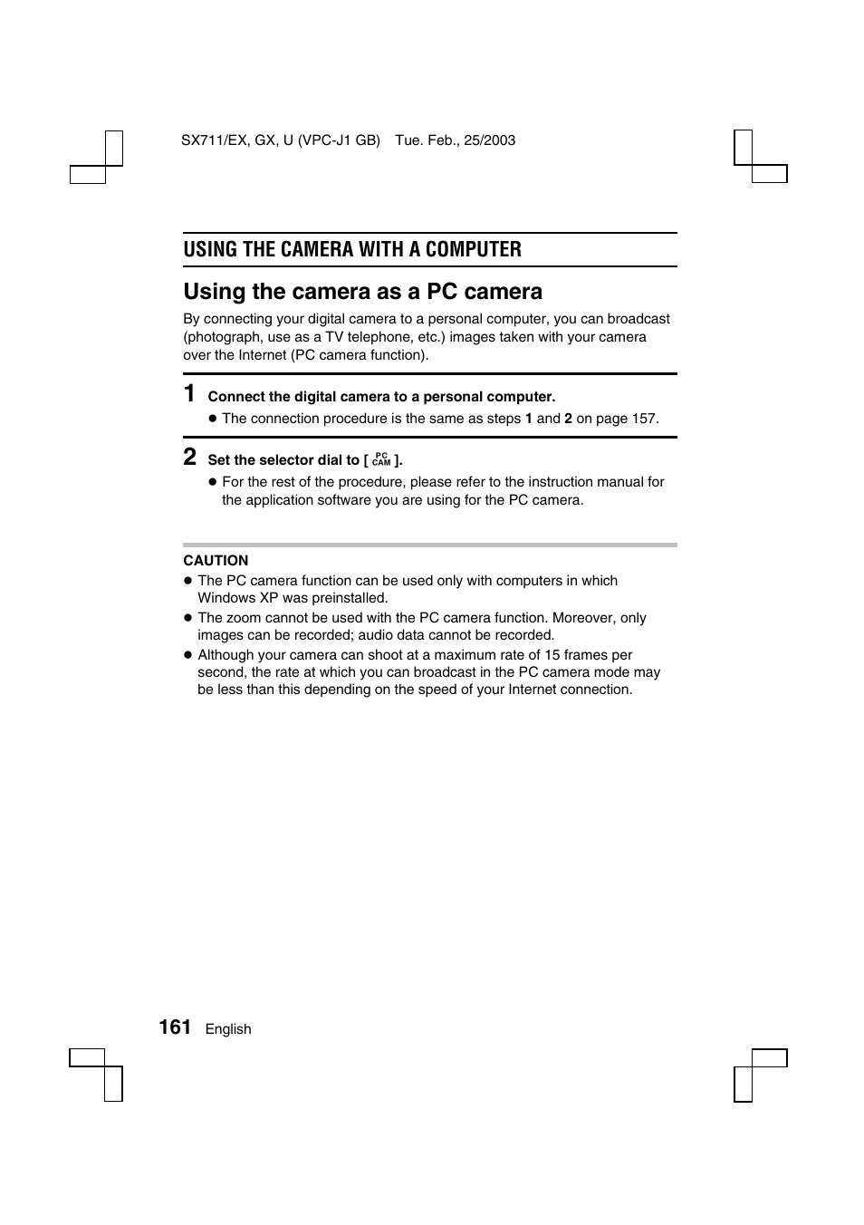 Using the camera as a pc camera, Using the camera with a computer | Sanyo VPC-J1 User Manual | Page 164 / 202