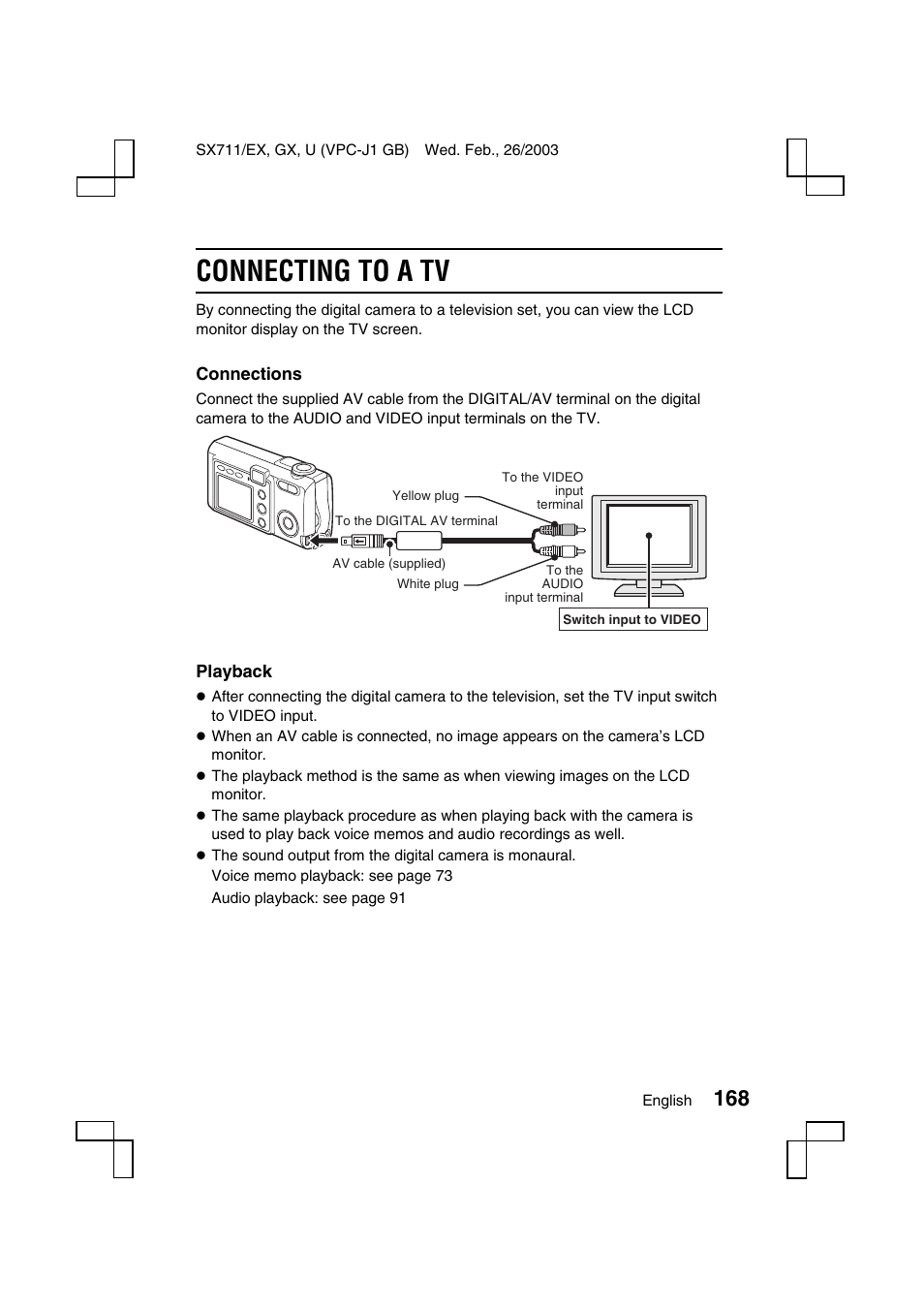 Connecting to a tv | Sanyo VPC-J1 User Manual | Page 171 / 202