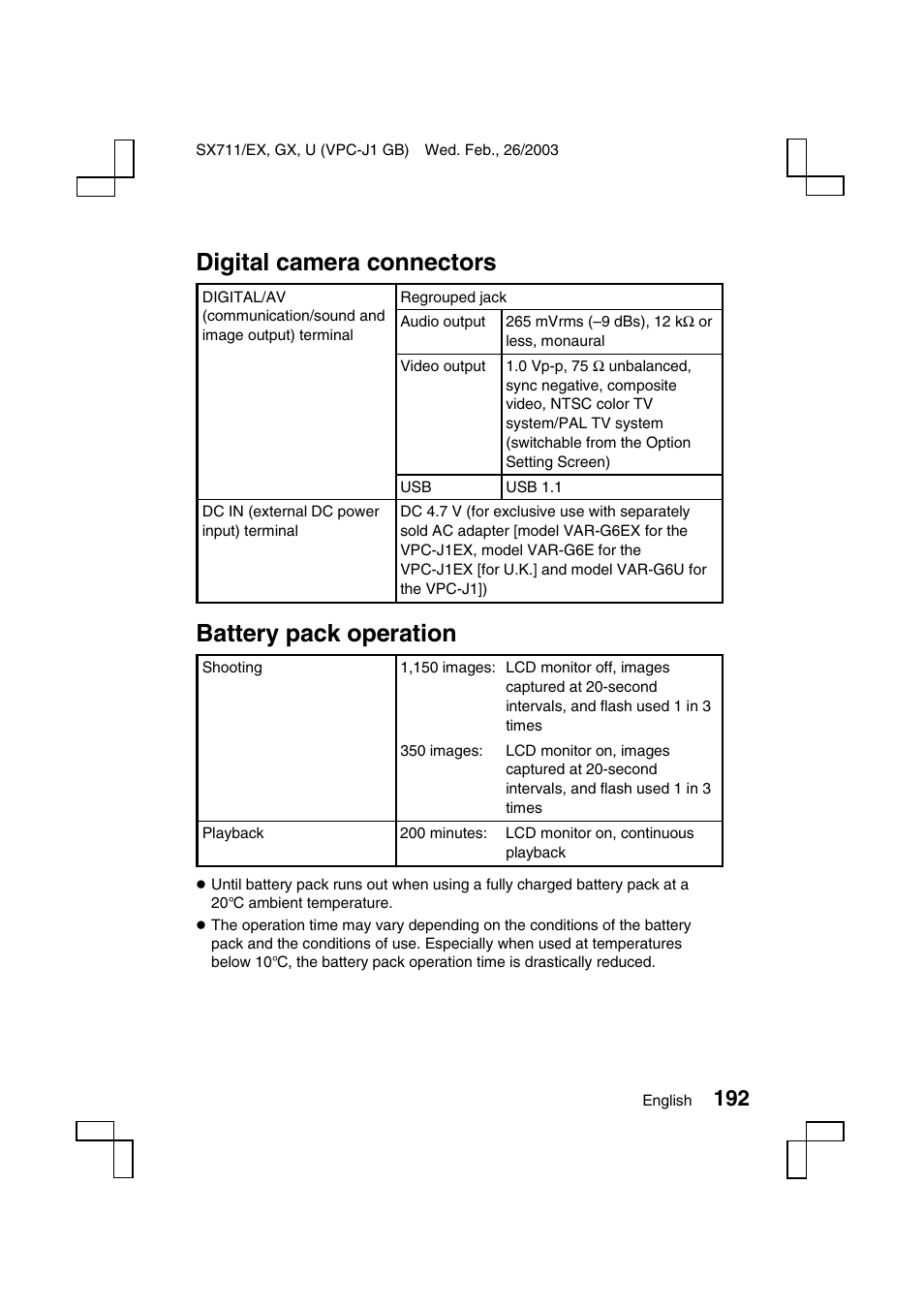 Digital camera connectors, Battery pack operation | Sanyo VPC-J1 User Manual | Page 195 / 202