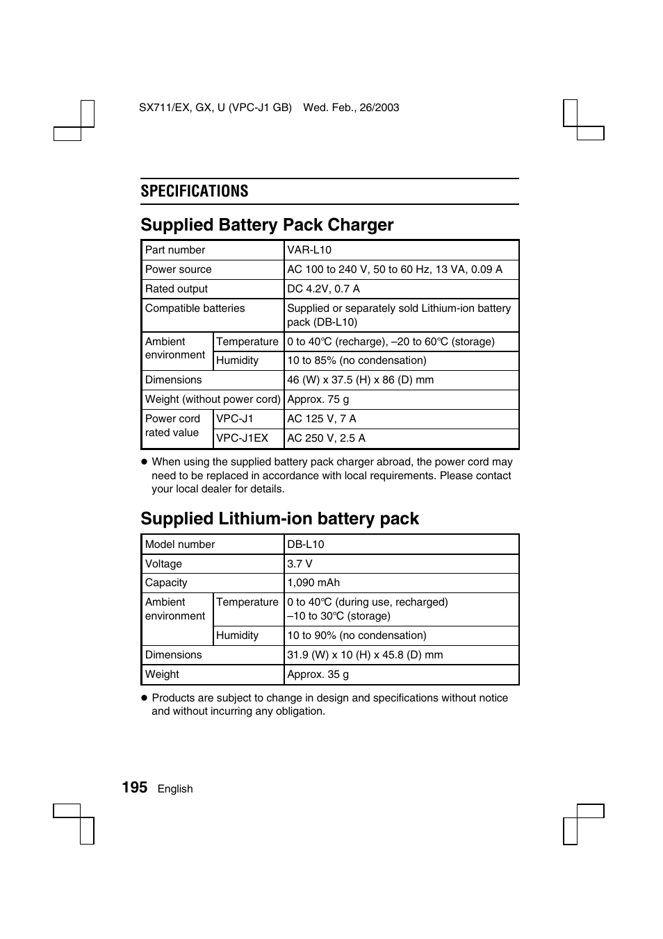 Supplied battery pack charger, Supplied lithium-ion battery pack, Specifications | Sanyo VPC-J1 User Manual | Page 198 / 202