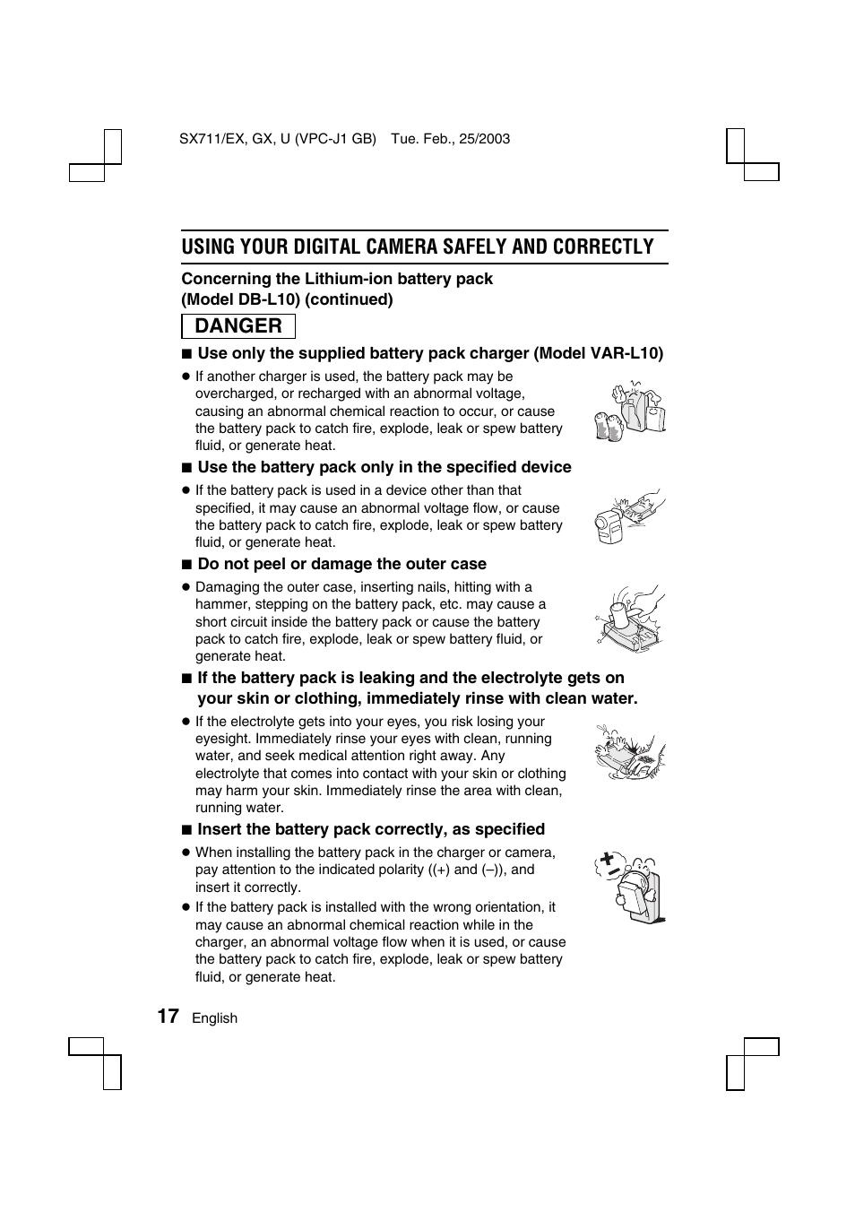 Using your digital camera safely and correctly, Danger | Sanyo VPC-J1 User Manual | Page 20 / 202