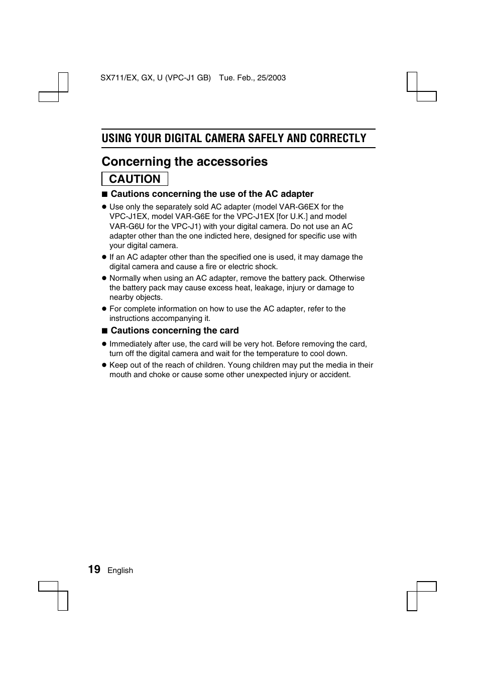 Concerning the accessories, Using your digital camera safely and correctly, Caution | Sanyo VPC-J1 User Manual | Page 22 / 202