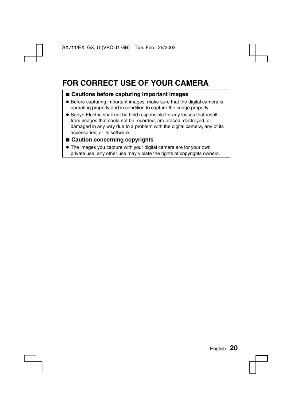 For correct use of your camera | Sanyo VPC-J1 User Manual | Page 23 / 202