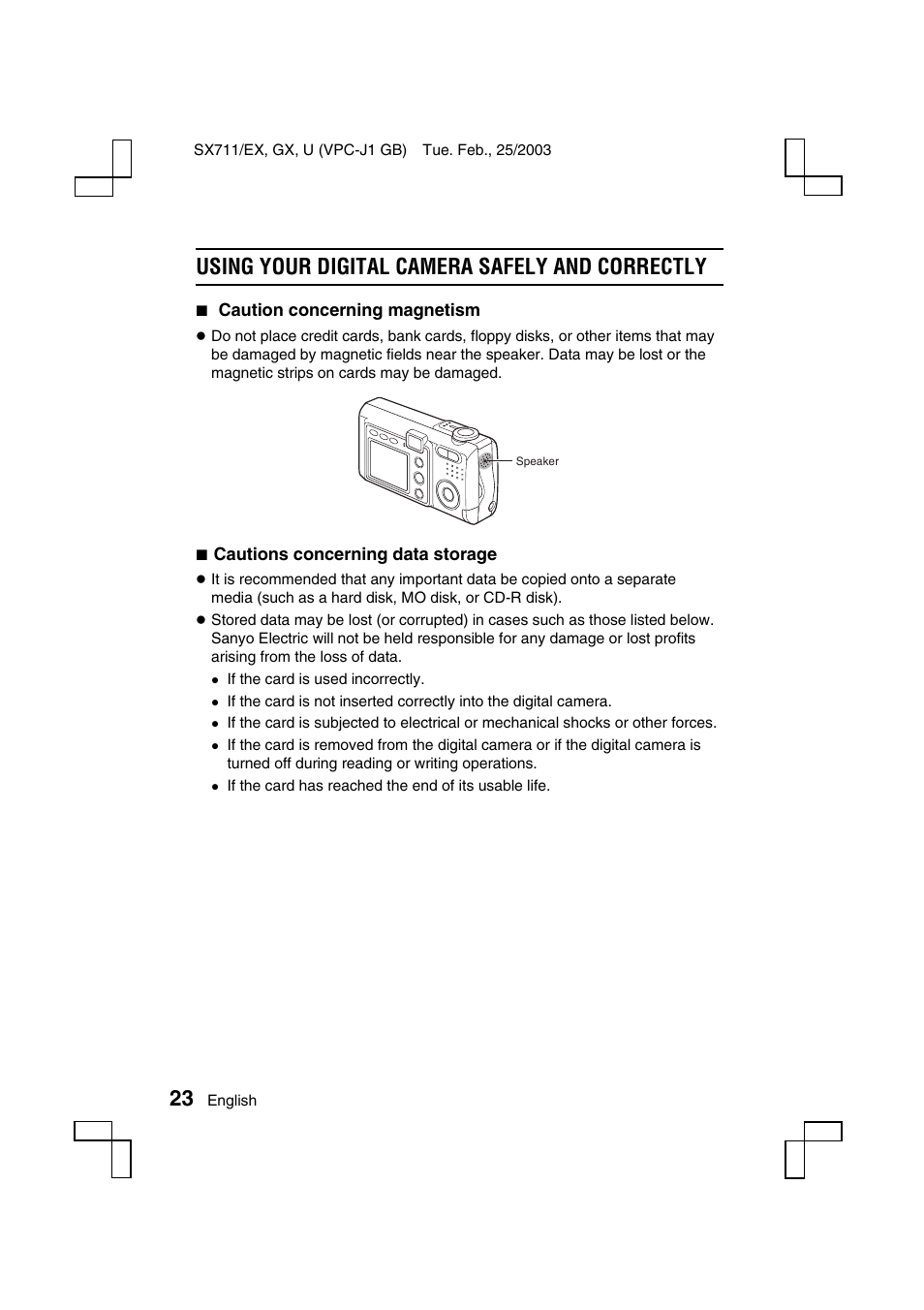 Using your digital camera safely and correctly | Sanyo VPC-J1 User Manual | Page 26 / 202