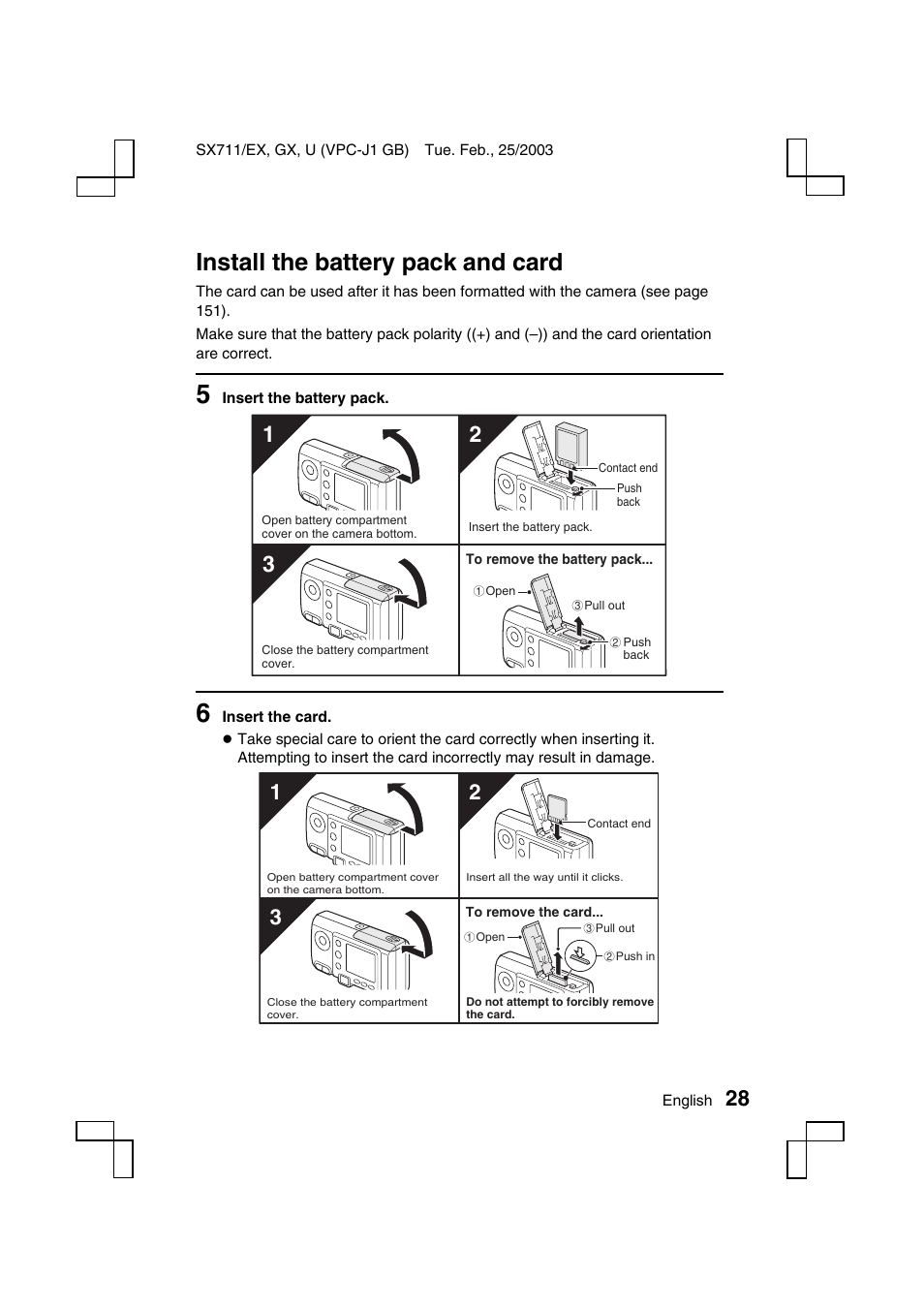 Install the battery pack and card | Sanyo VPC-J1 User Manual | Page 31 / 202