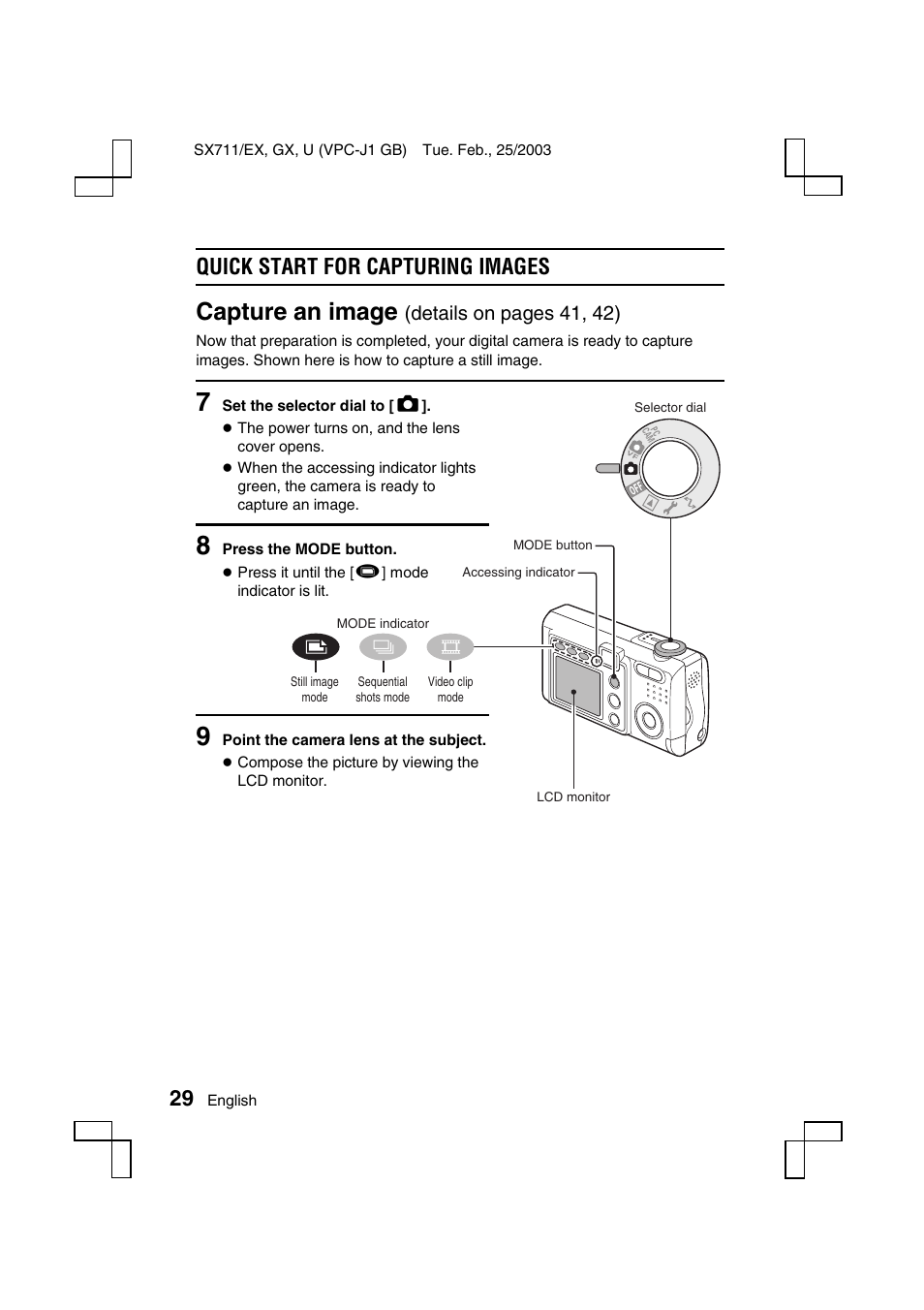 Capture an image, Quick start for capturing images, Details on pages 41, 42) | Sanyo VPC-J1 User Manual | Page 32 / 202
