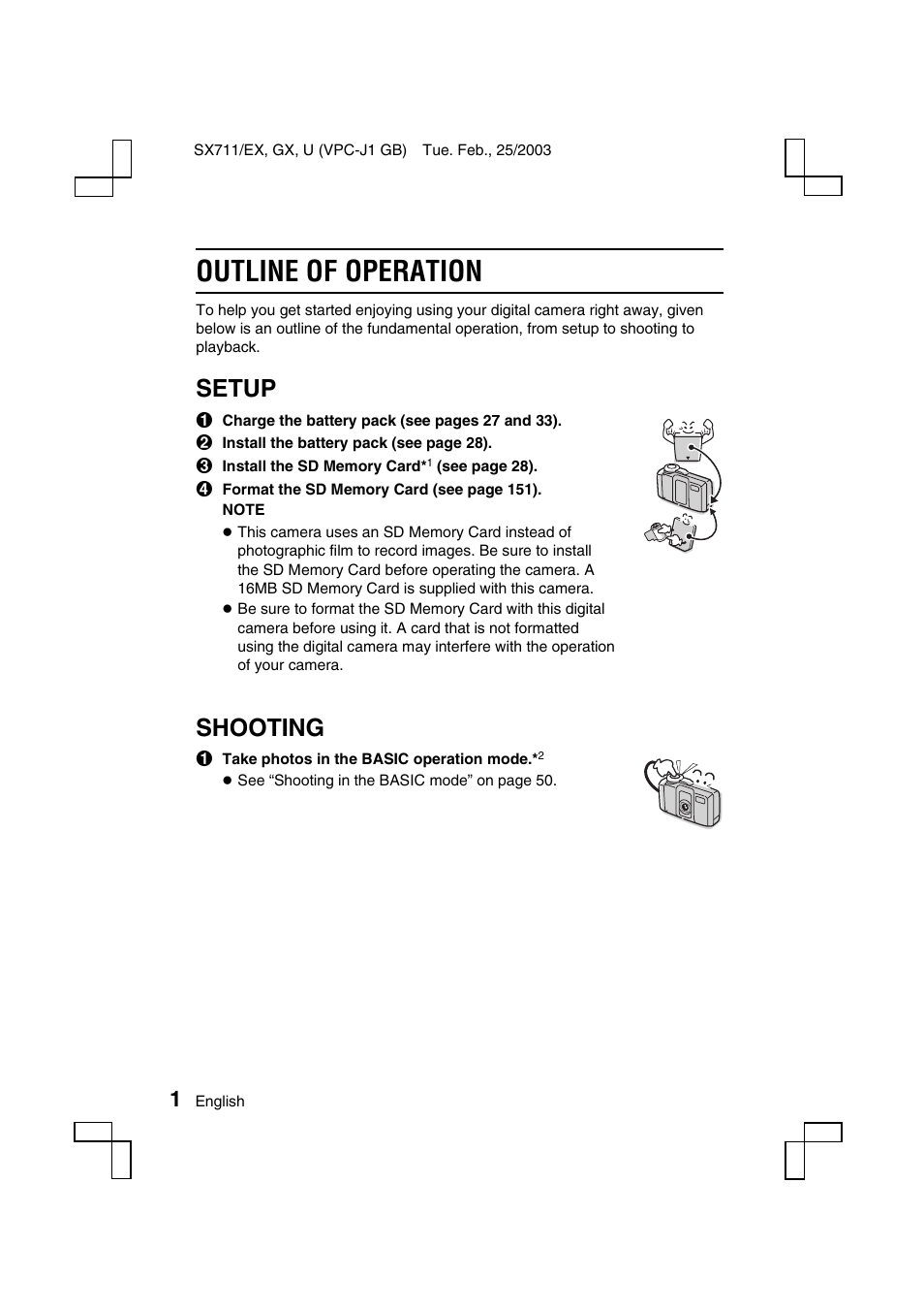 Outline of operation, Setup, Shooting | Sanyo VPC-J1 User Manual | Page 4 / 202