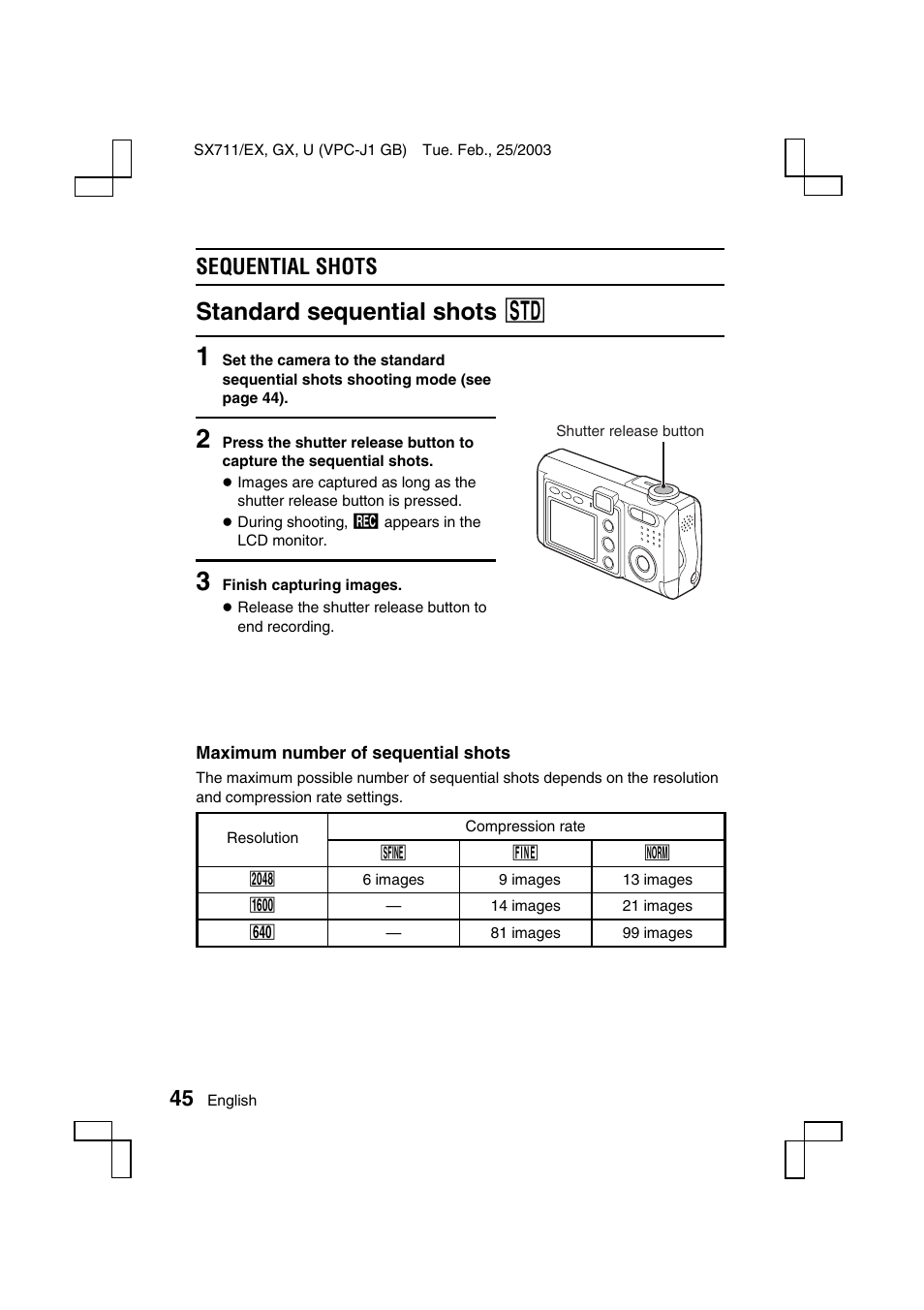 Standard sequential shots ö, Sequential shots | Sanyo VPC-J1 User Manual | Page 48 / 202