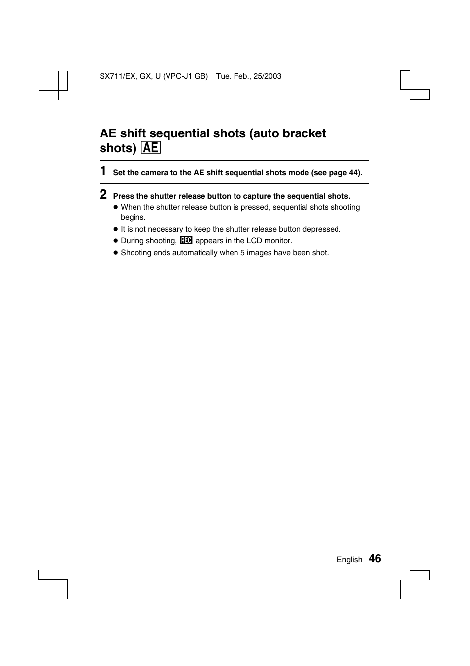 Ae shift sequential shots (auto bracket shots) a | Sanyo VPC-J1 User Manual | Page 49 / 202