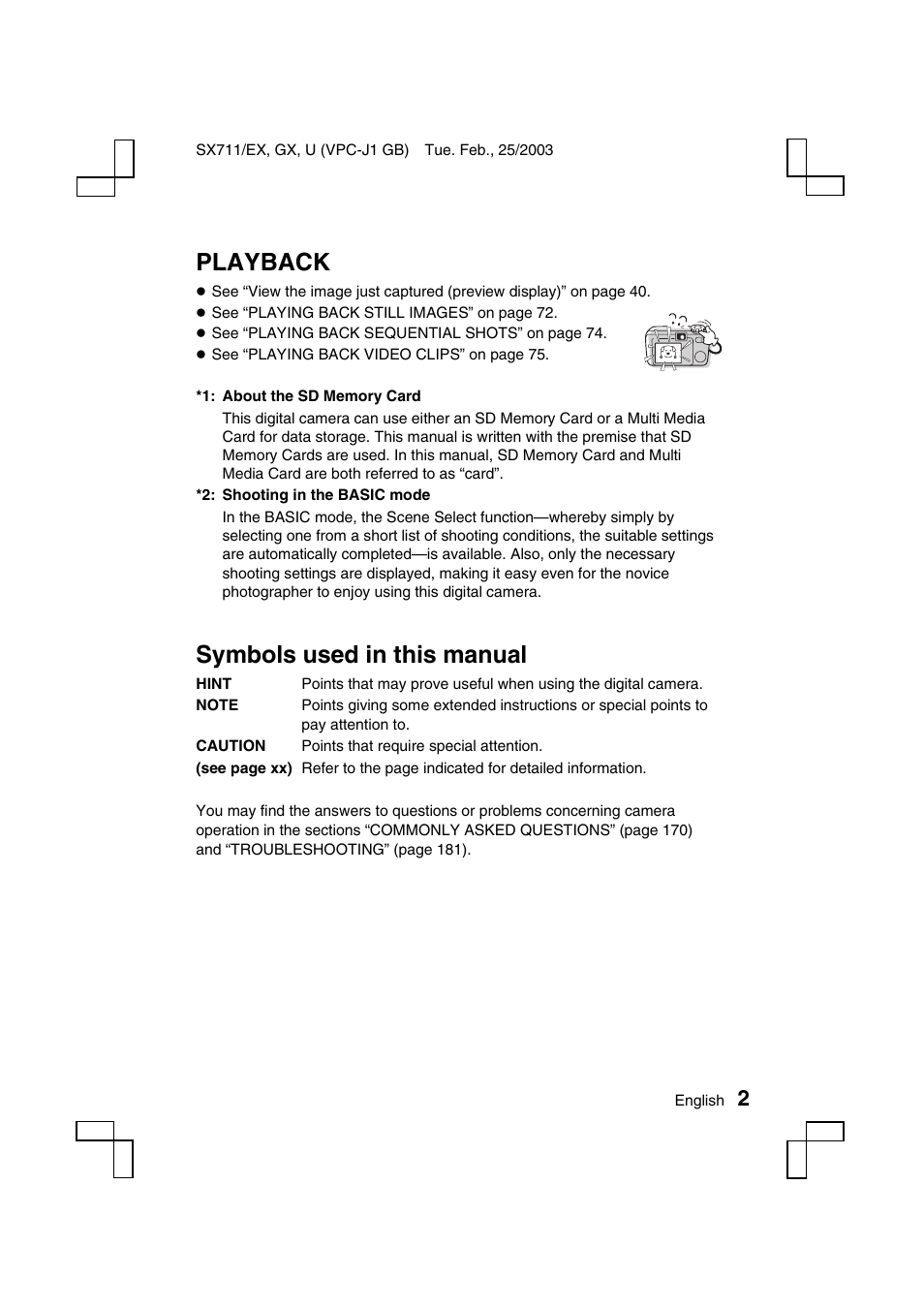 Playback, Symbols used in this manual | Sanyo VPC-J1 User Manual | Page 5 / 202