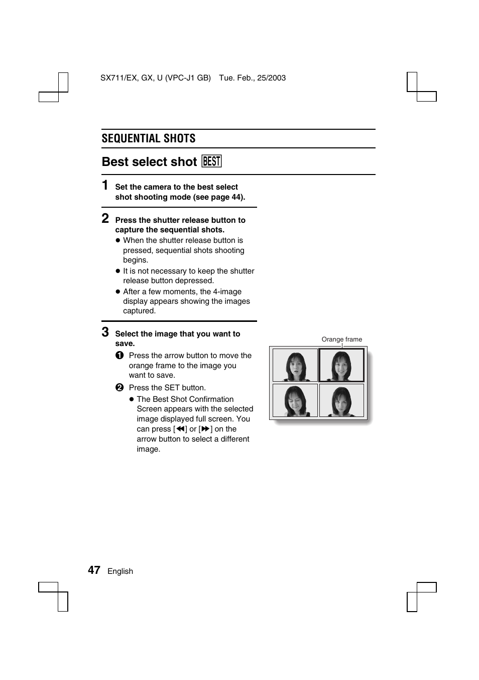 Best select shot ä, Sequential shots | Sanyo VPC-J1 User Manual | Page 50 / 202