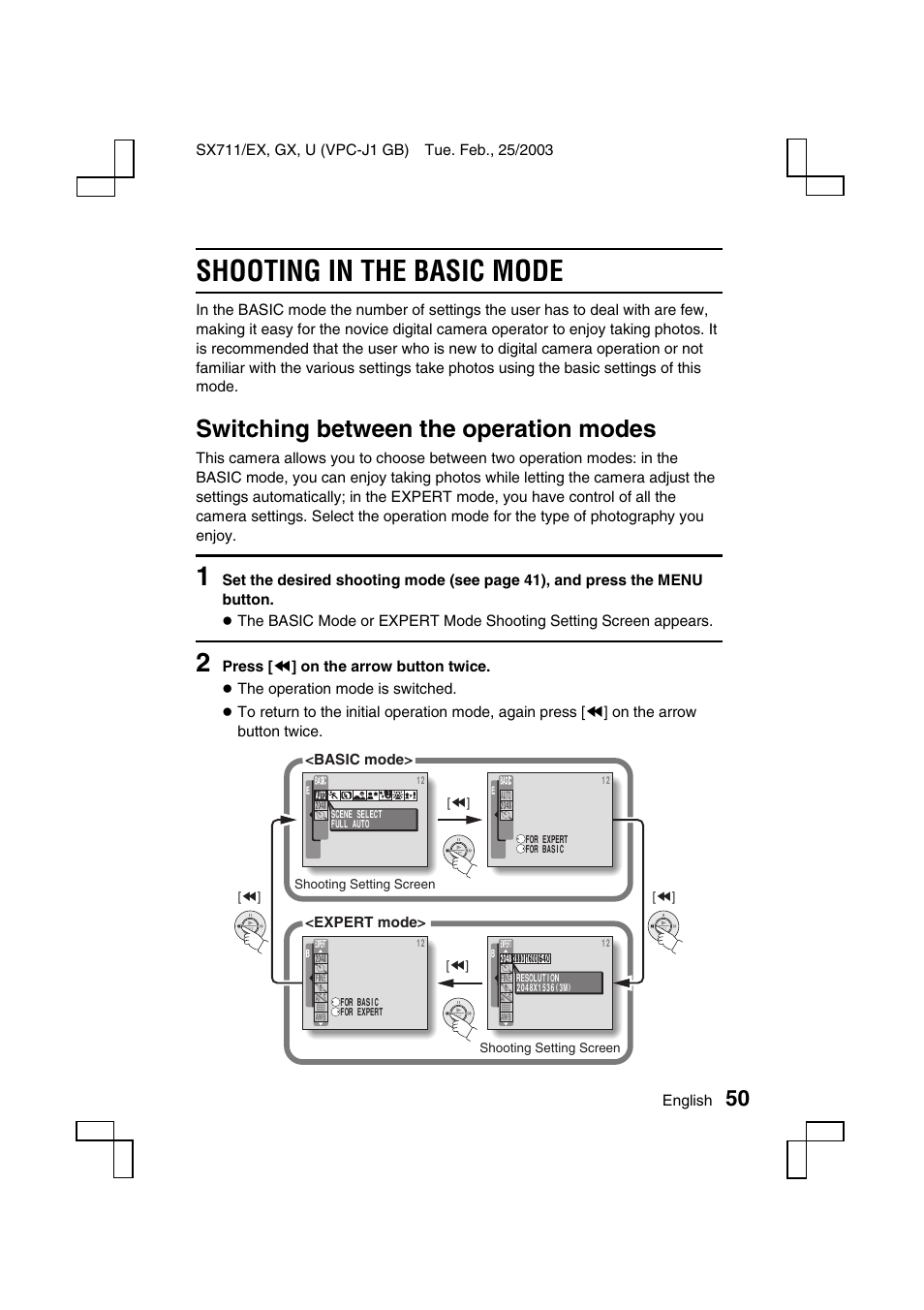 Shooting in the basic mode, Switching between the operation modes | Sanyo VPC-J1 User Manual | Page 53 / 202